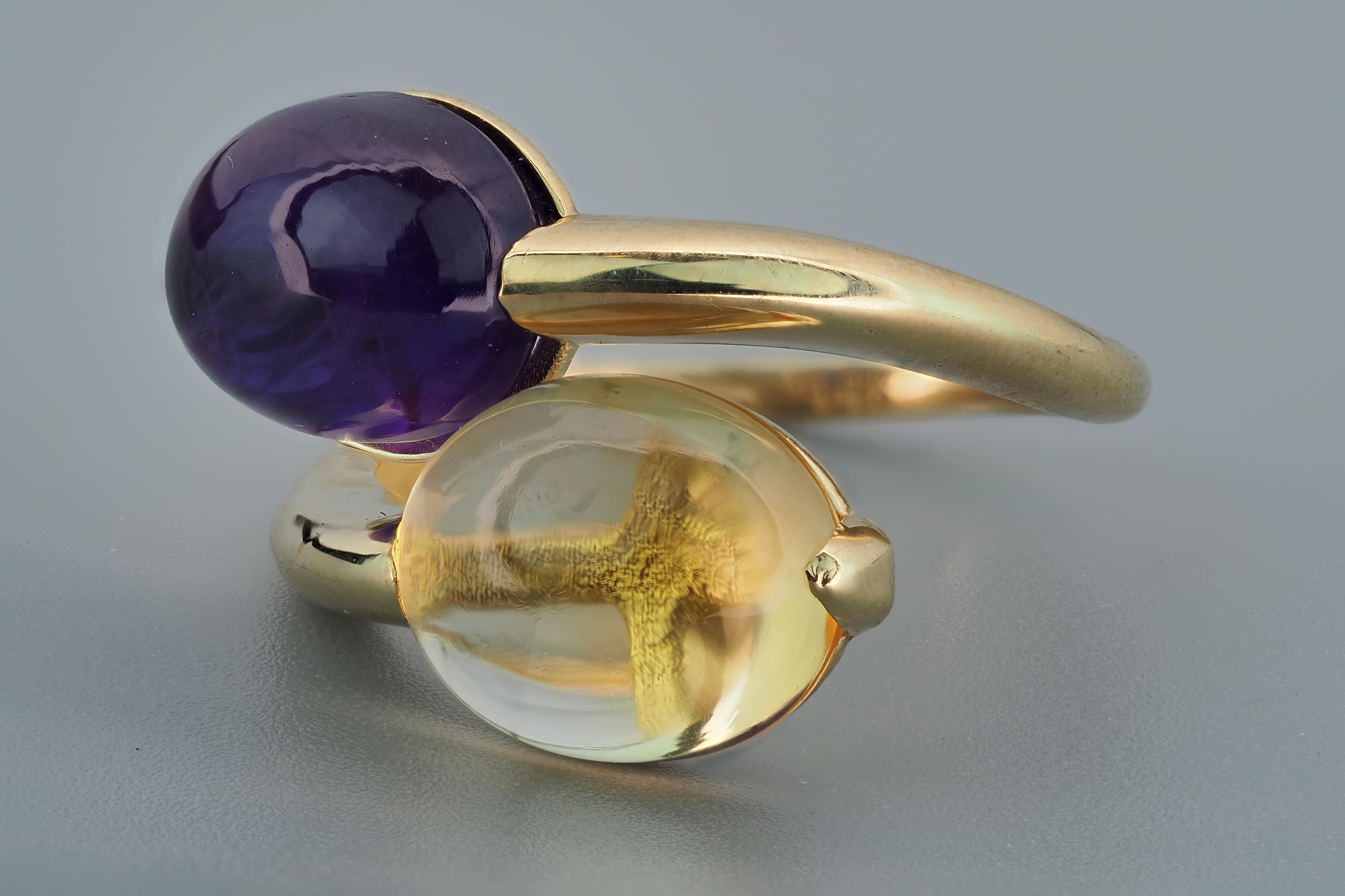 For Sale:  Amethyst and Citrine Cabochon ring in 14k gold 10