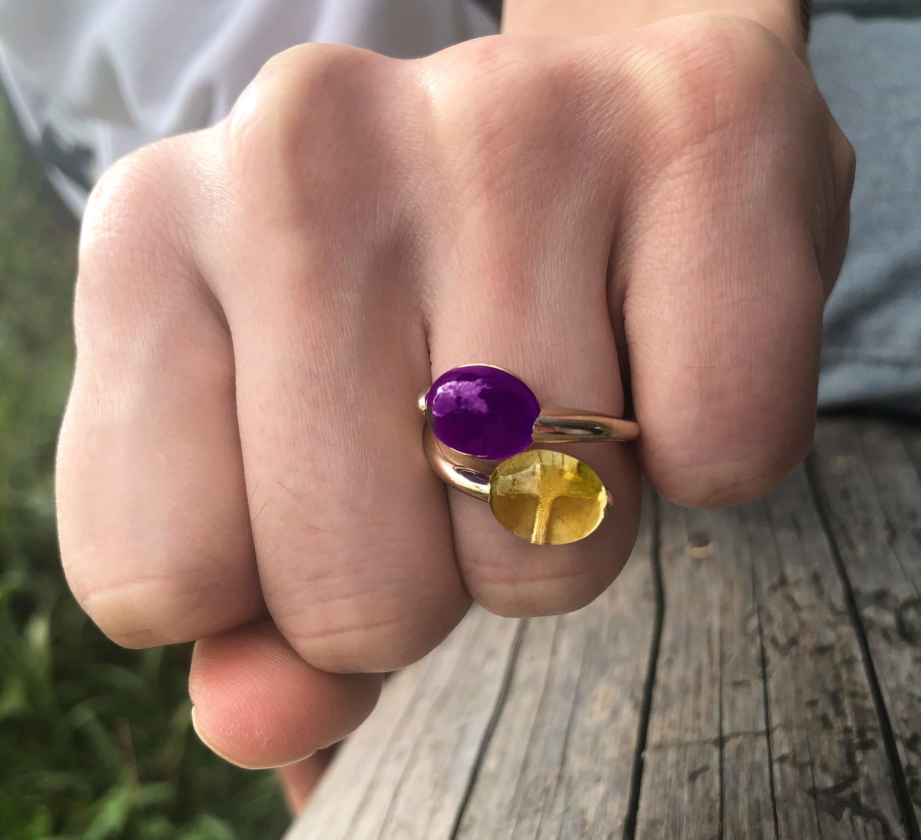 En vente :  Bague cabochon améthyste et citrine en or 14k 13