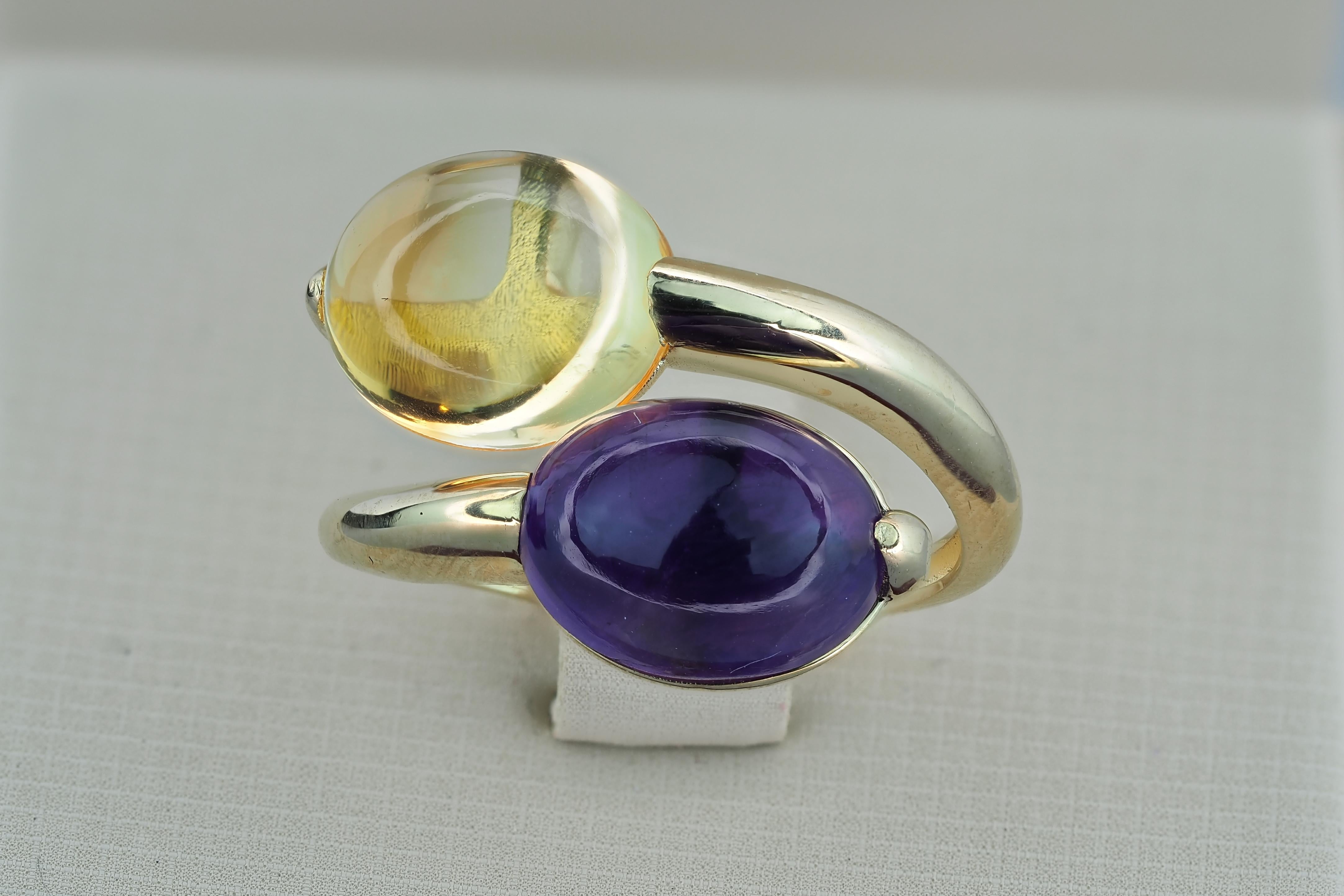 For Sale:  Amethyst and Citrine Cabochon ring in 14k gold 3
