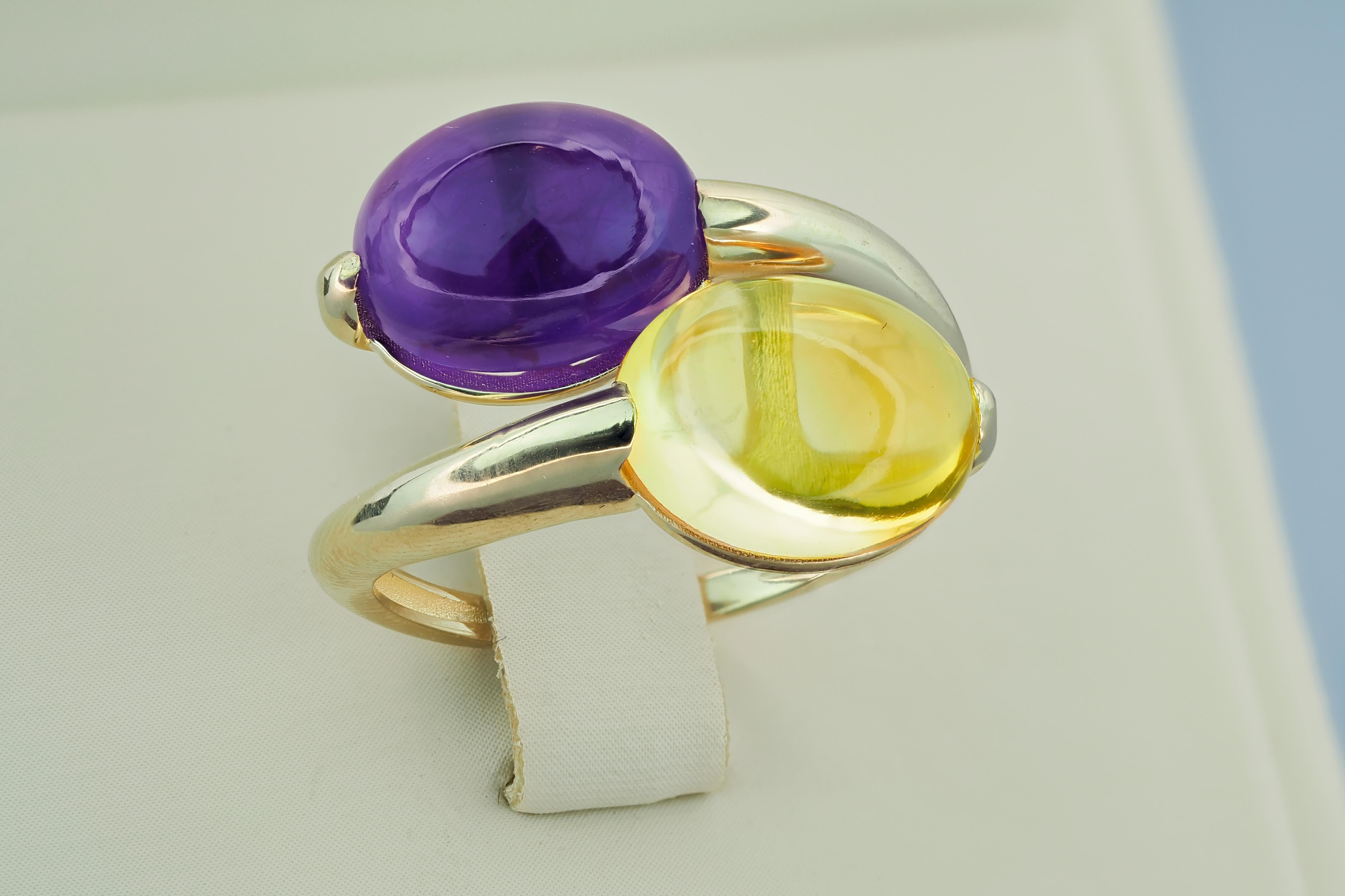For Sale:  Amethyst and Citrine Cabochon ring in 14k gold 5