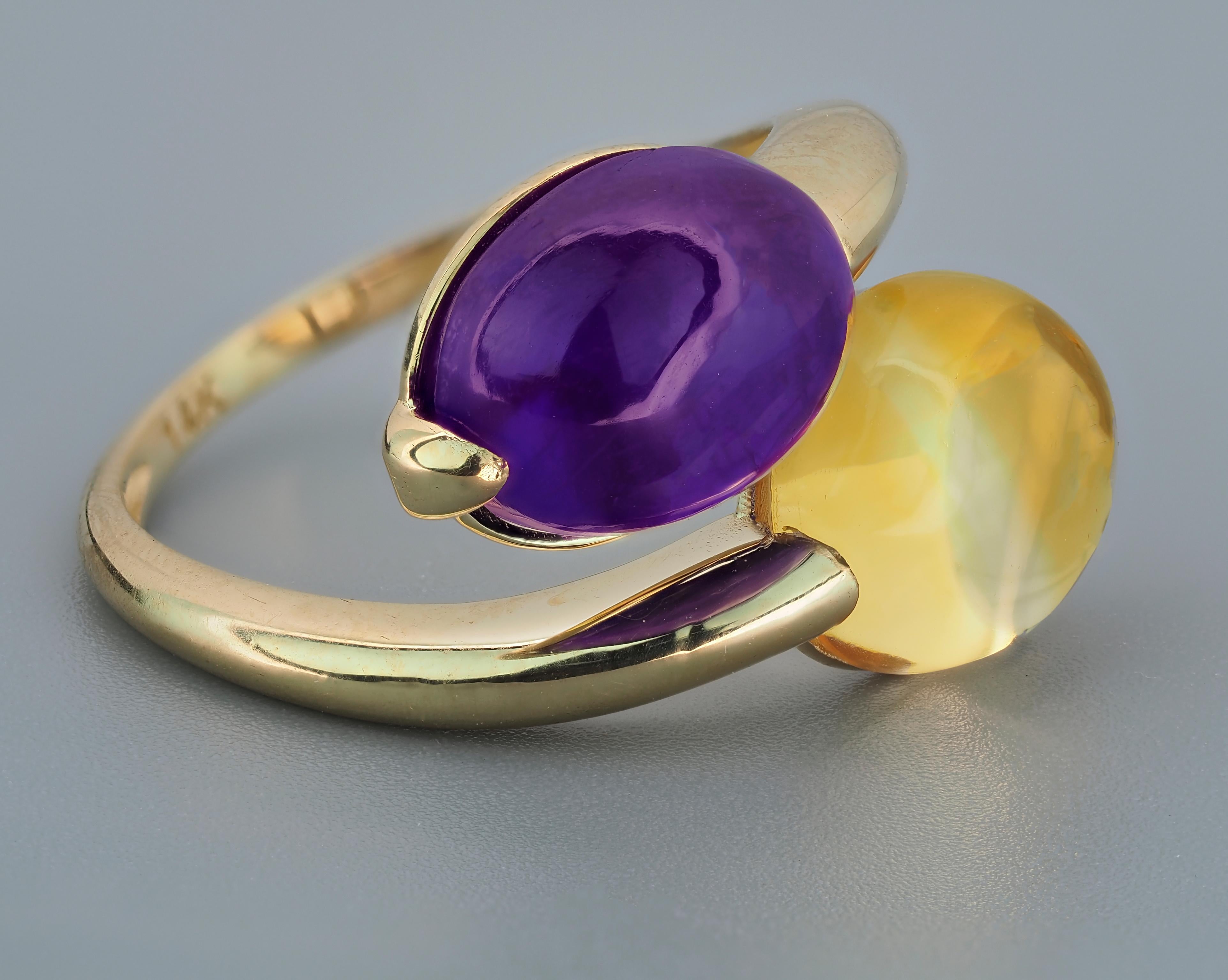 For Sale:  Amethyst and Citrine Cabochon ring in 14k gold 6