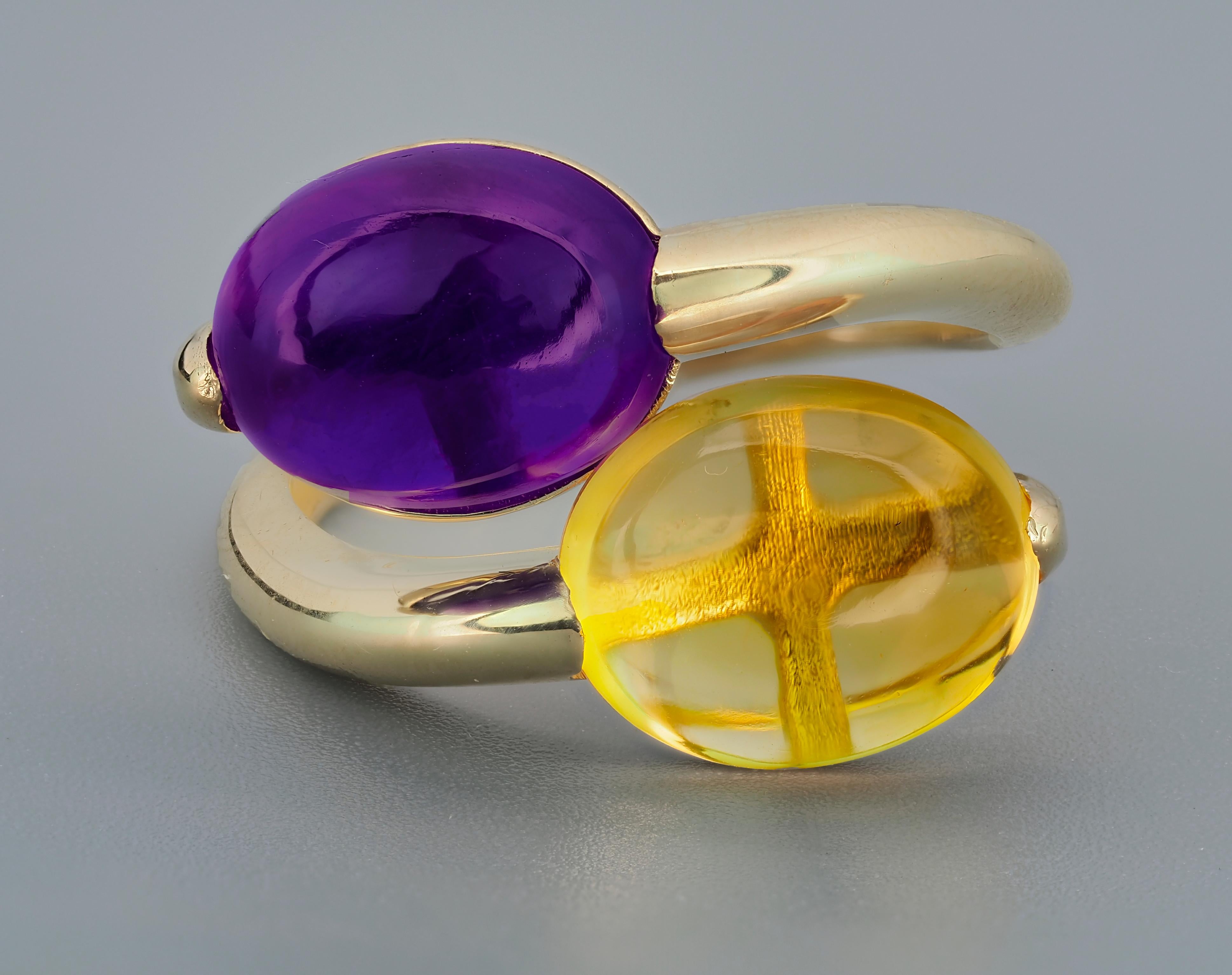 For Sale:  Amethyst and Citrine Cabochon ring in 14k gold 7