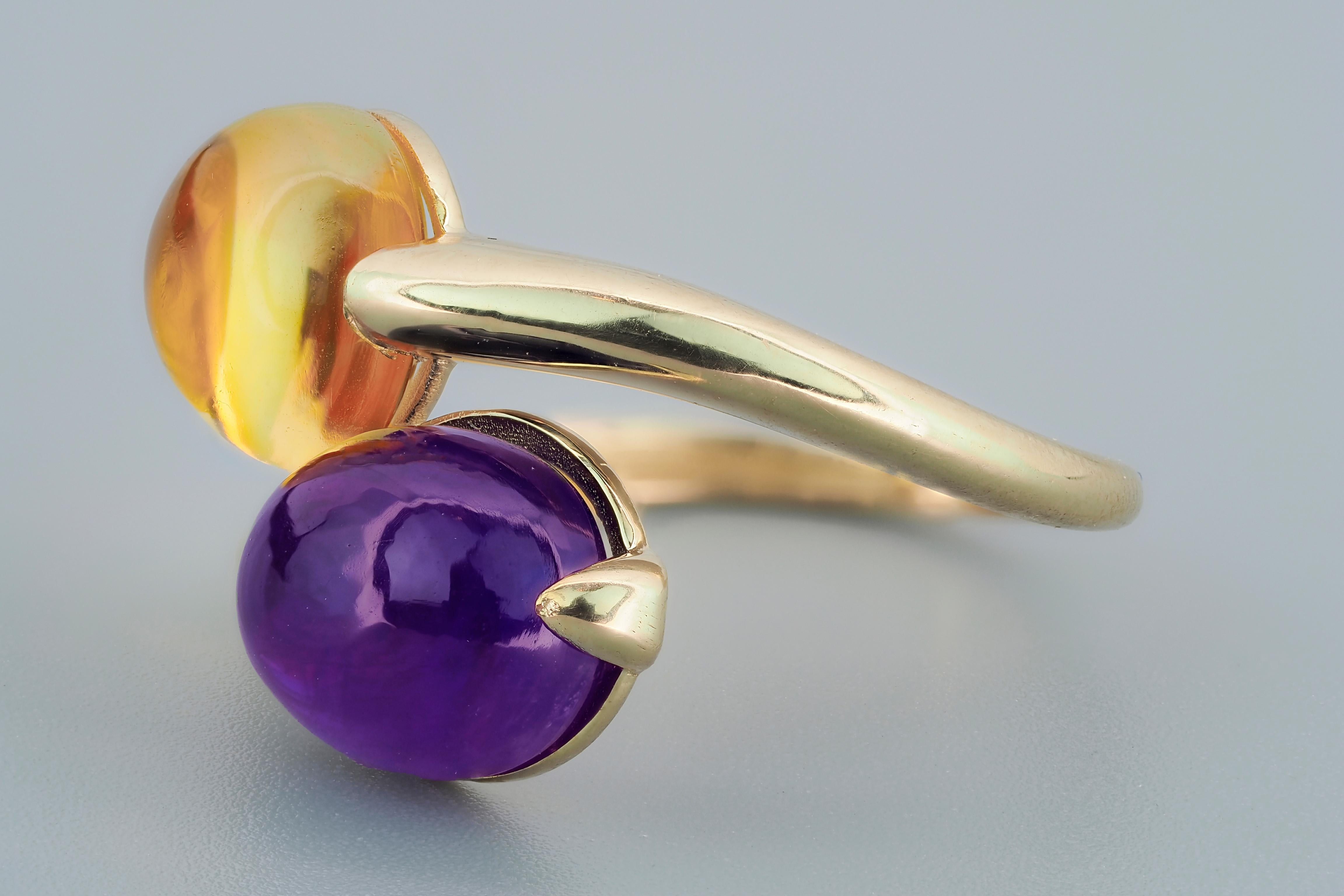 For Sale:  Amethyst and Citrine Cabochon ring in 14k gold 8