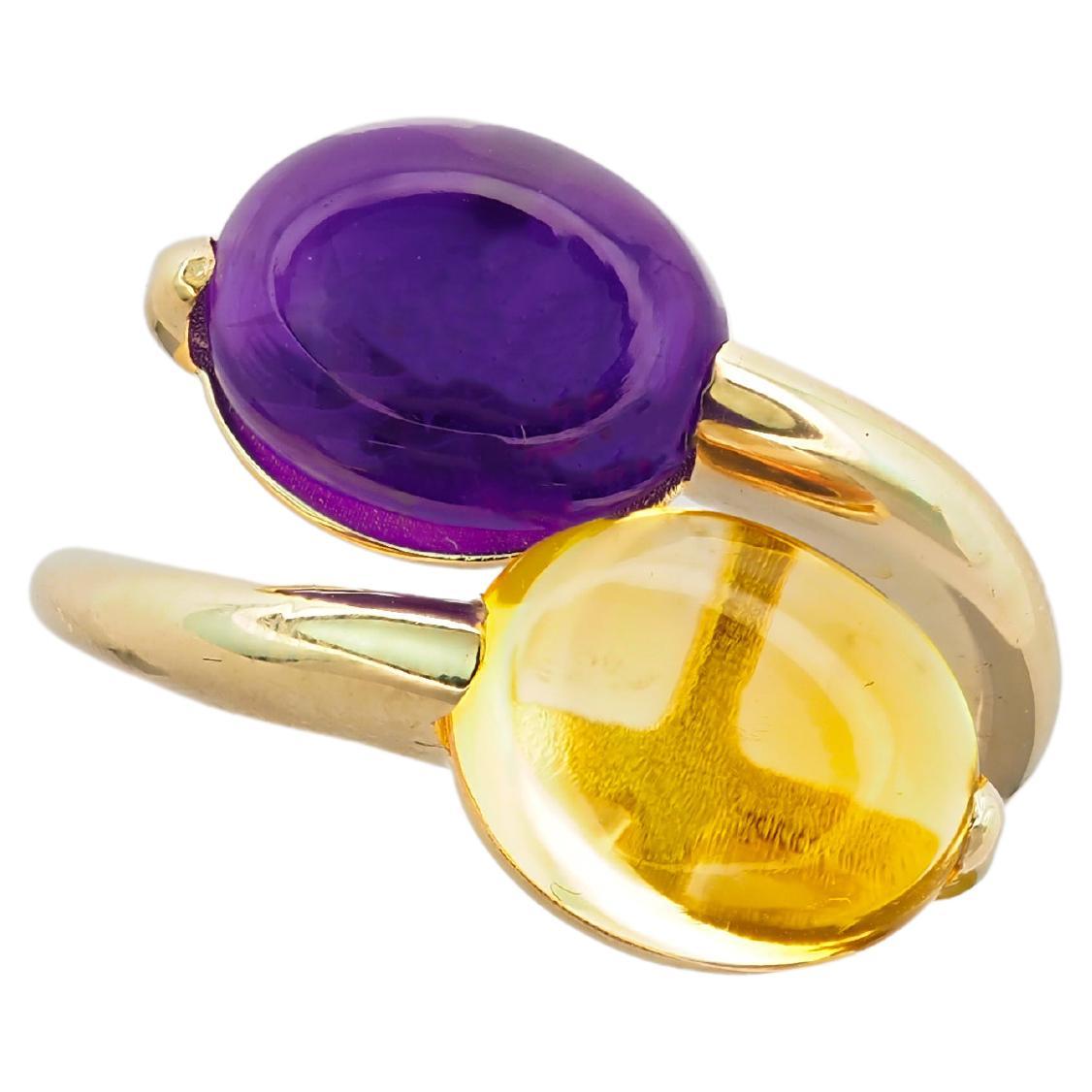 Ring aus 14 Karat Gold mit Amethyst und Citrin im Cabochon-Schliff