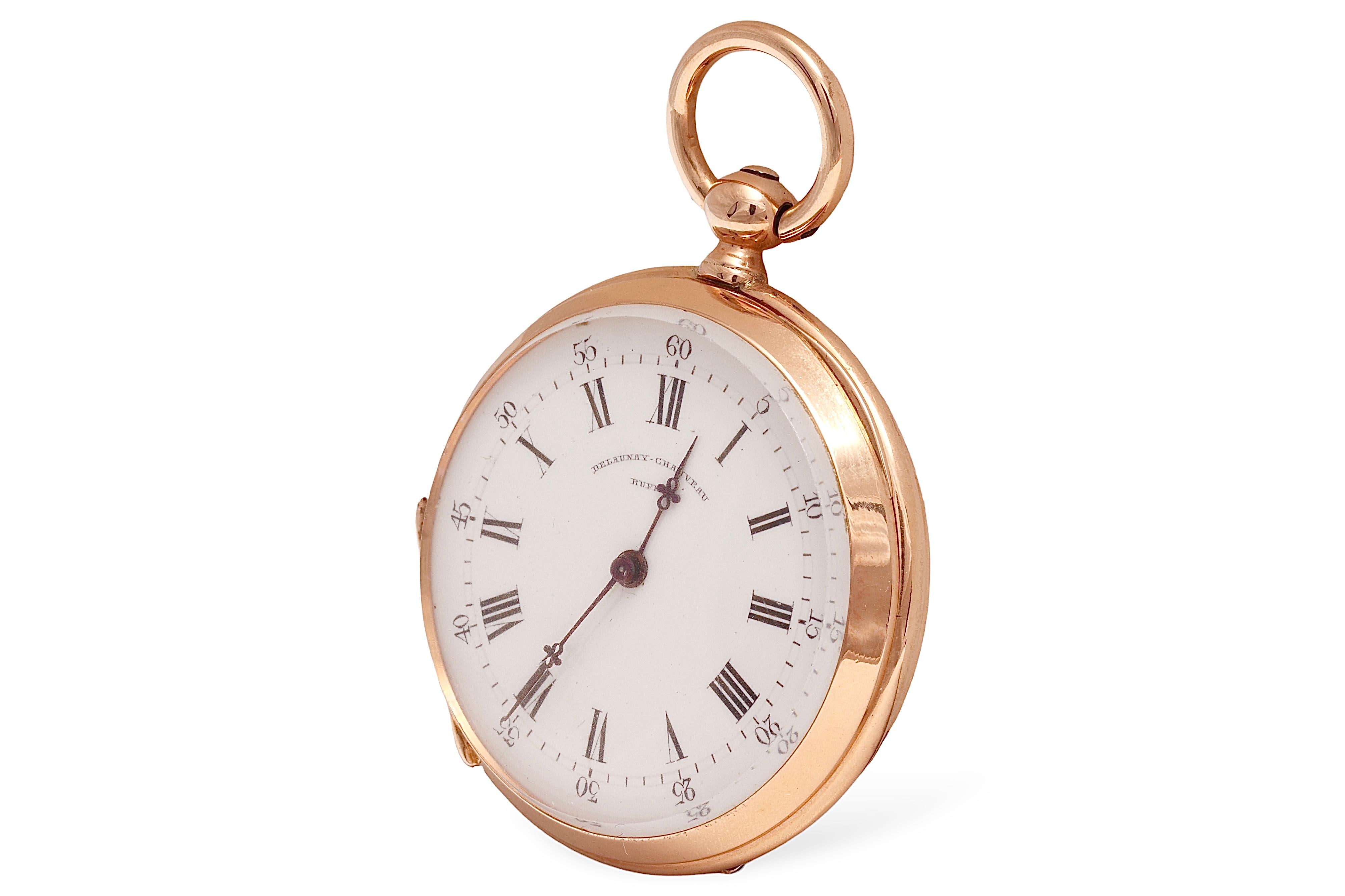 14 Kt Solid Pink Gold Delaunay Chauveau Ruffec pocket watch

Case: 14 Kt Solid Pink Gold, Diameter 33.5 mm thickness 10 mm

Dial: White Enamel dial with black romaine numerals, 

Total weight: 27.7 gram / 0.980 oz / 17.9 dwt