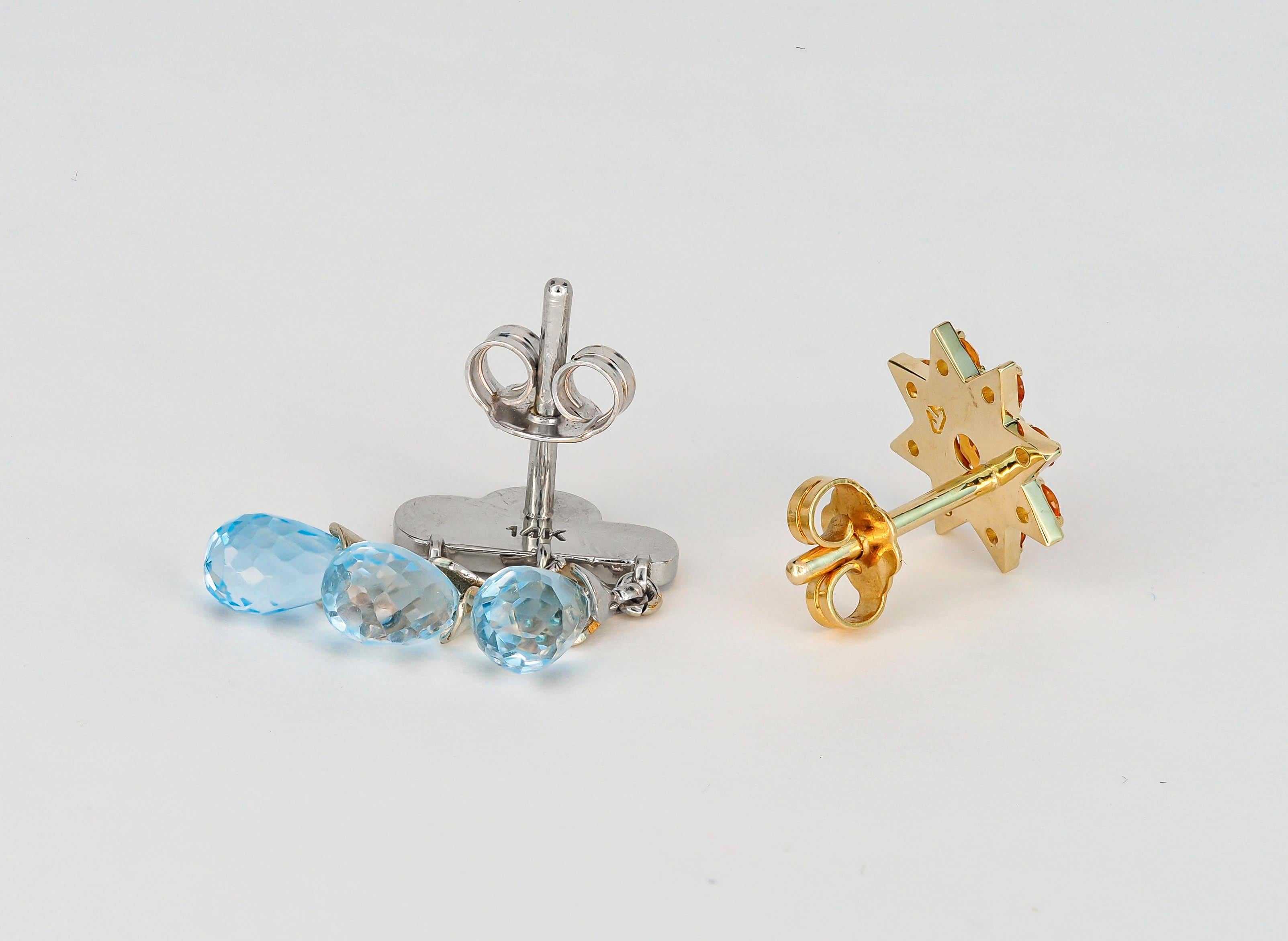 Sun and rain cloud 14 karat gold earrings studs. Orange sapphire studs. In New Condition For Sale In Istanbul, TR