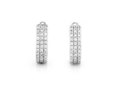 14KT White Gold Triple Row Pave Diamond Huggie Hoop Earrings