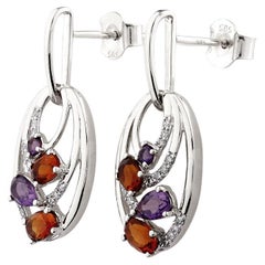 14KT White Gold Oval Dangle Earrings with Amethyst, Orange Garnet, and Diamonds