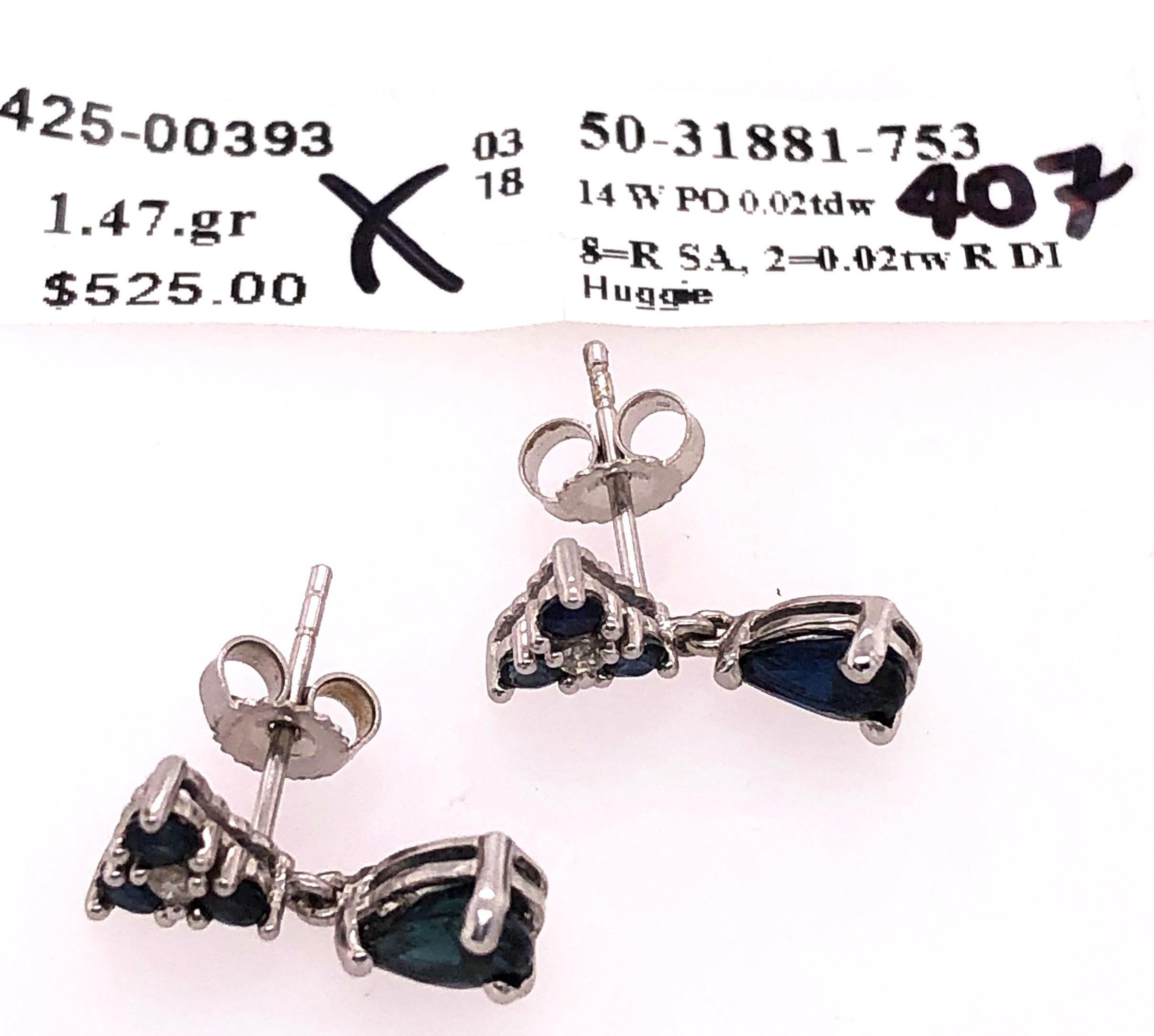 14 Karat White Gold and Blue Sapphire Drop Earrings 0.02 Total Diamond Weight For Sale 4