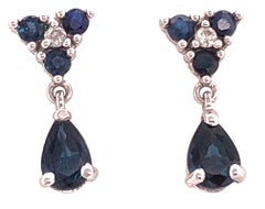 14 Karat White Gold and Blue Sapphire Drop Earrings 0.02 Total Diamond Weight