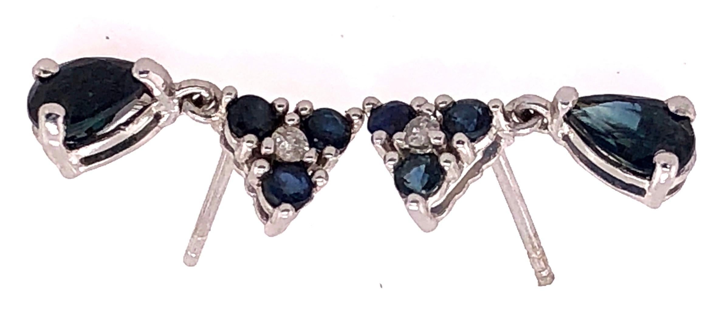 Modern 14 Karat White Gold and Blue Sapphire Drop Earrings 0.02 Total Diamond Weight For Sale