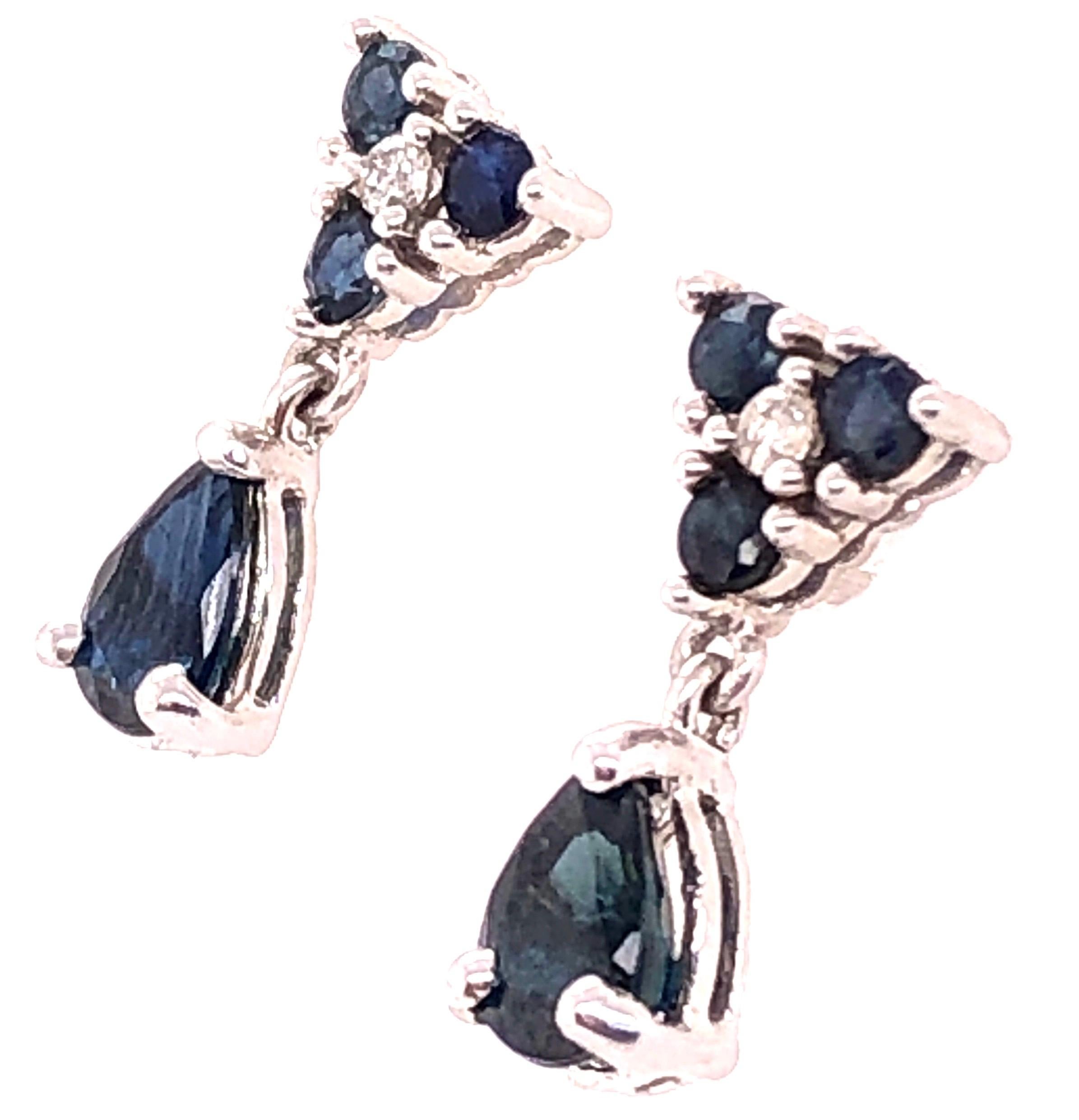 14 Karat White Gold and Blue Sapphire Drop Earrings 0.02 Total Diamond Weight In Good Condition For Sale In Stamford, CT