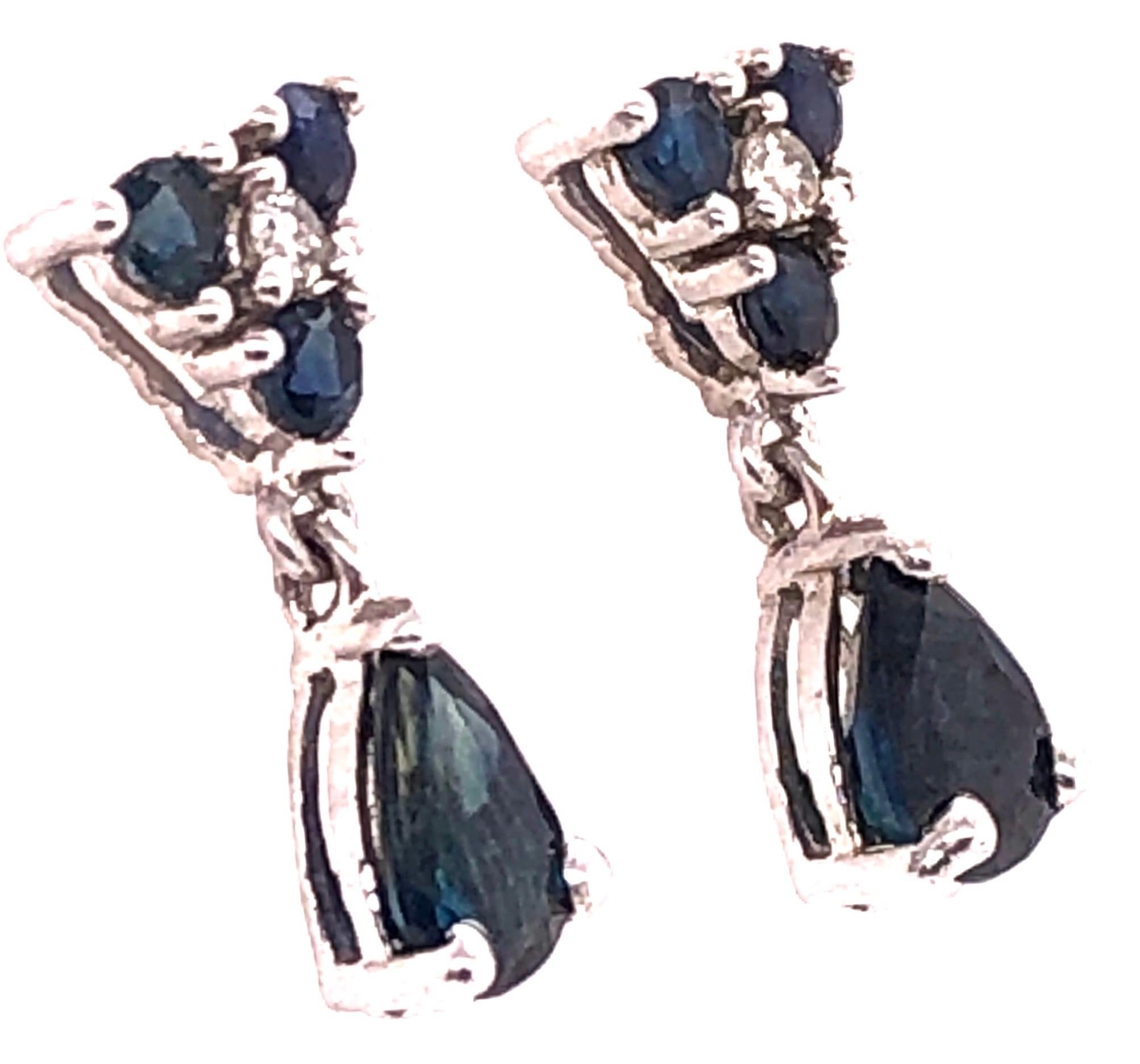 14 Karat White Gold and Blue Sapphire Drop Earrings 0.02 Total Diamond Weight For Sale 2