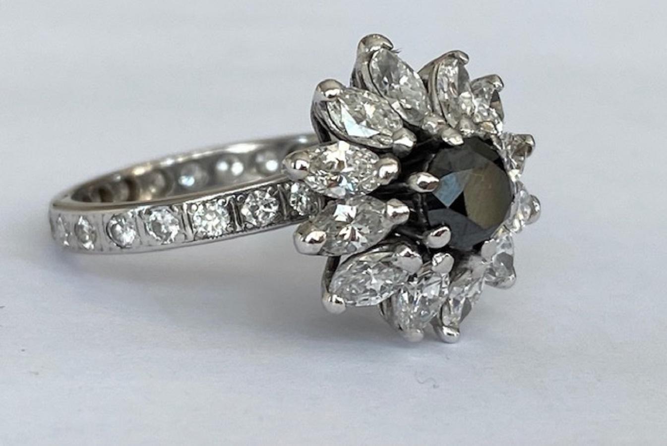 14 KT White gold  Vintage cocktail  Diamond Ring with white and black stones For Sale 4