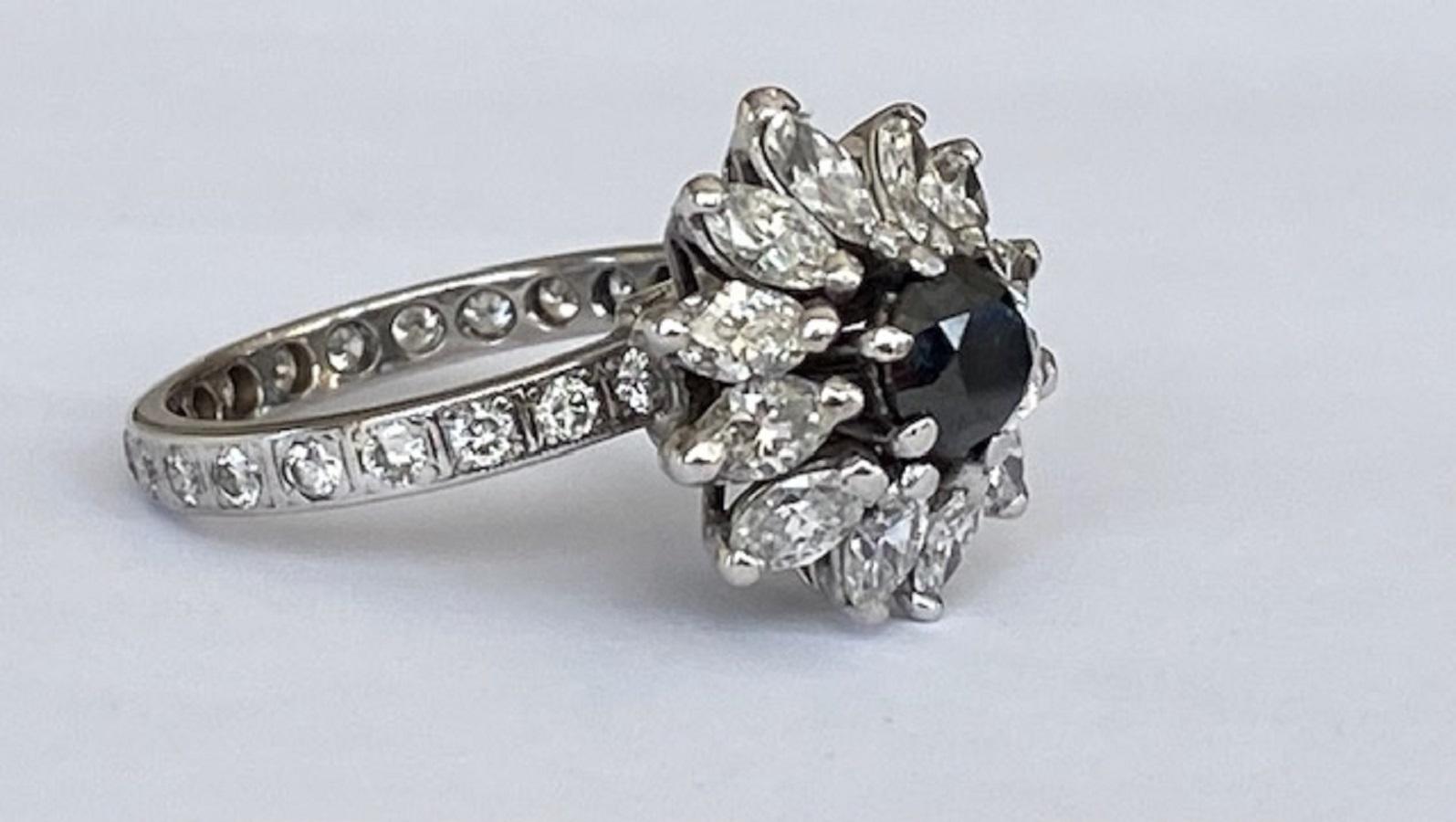 14 KT White gold  Vintage cocktail  Diamond Ring with white and black stones For Sale 5