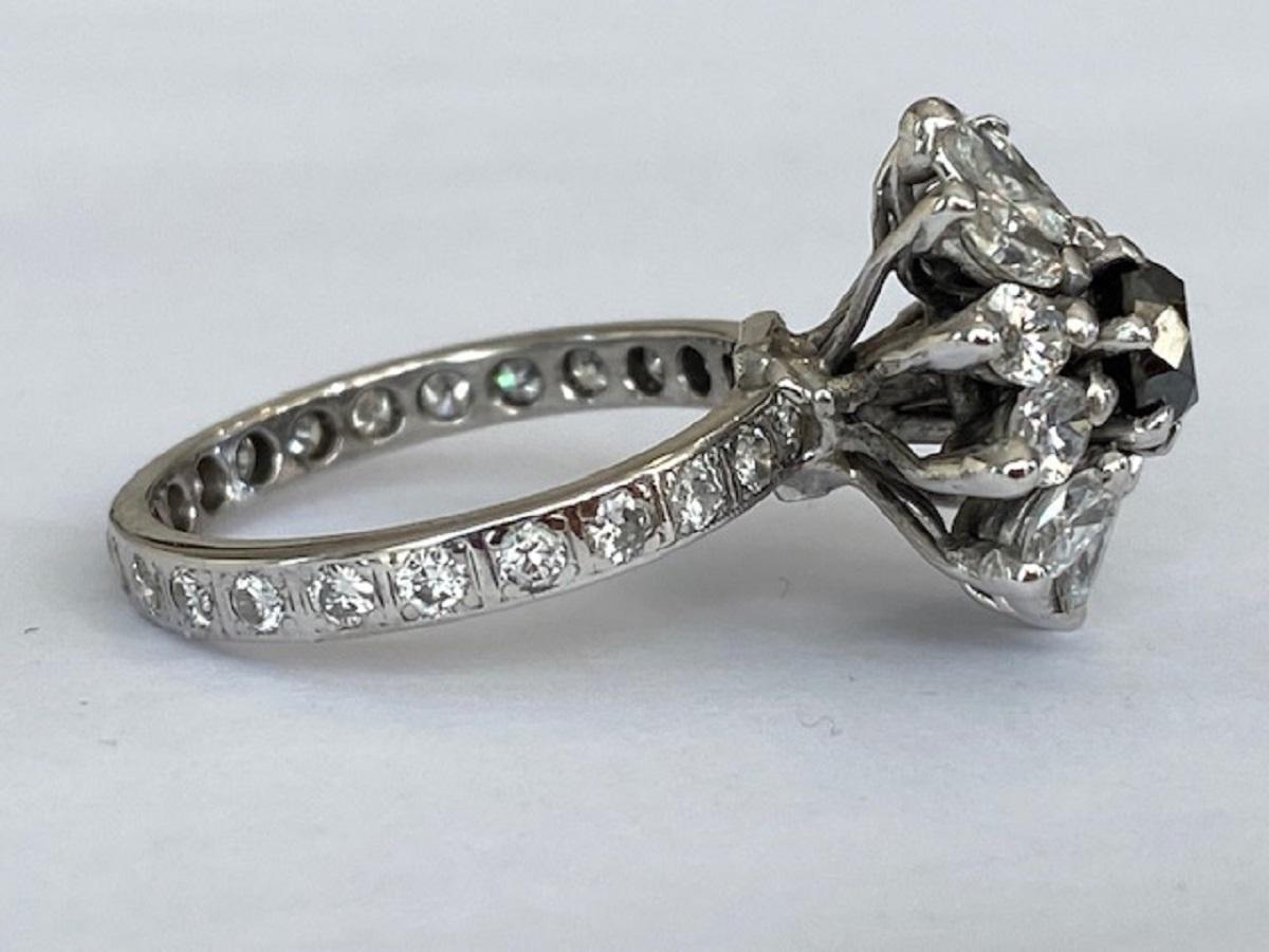 14 KT White gold  Vintage cocktail  Diamond Ring with white and black stones For Sale 6