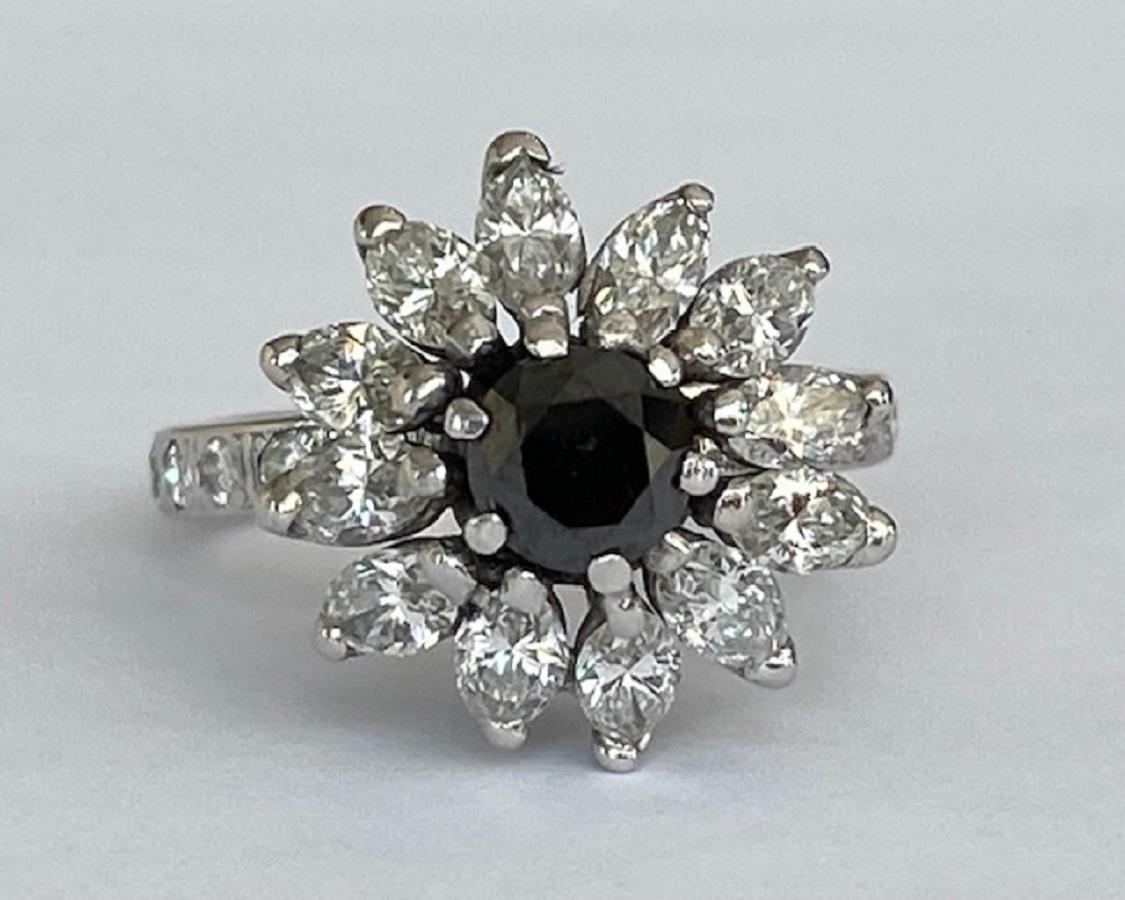 Rococo 14 KT White gold  Vintage cocktail  Diamond Ring with white and black stones For Sale