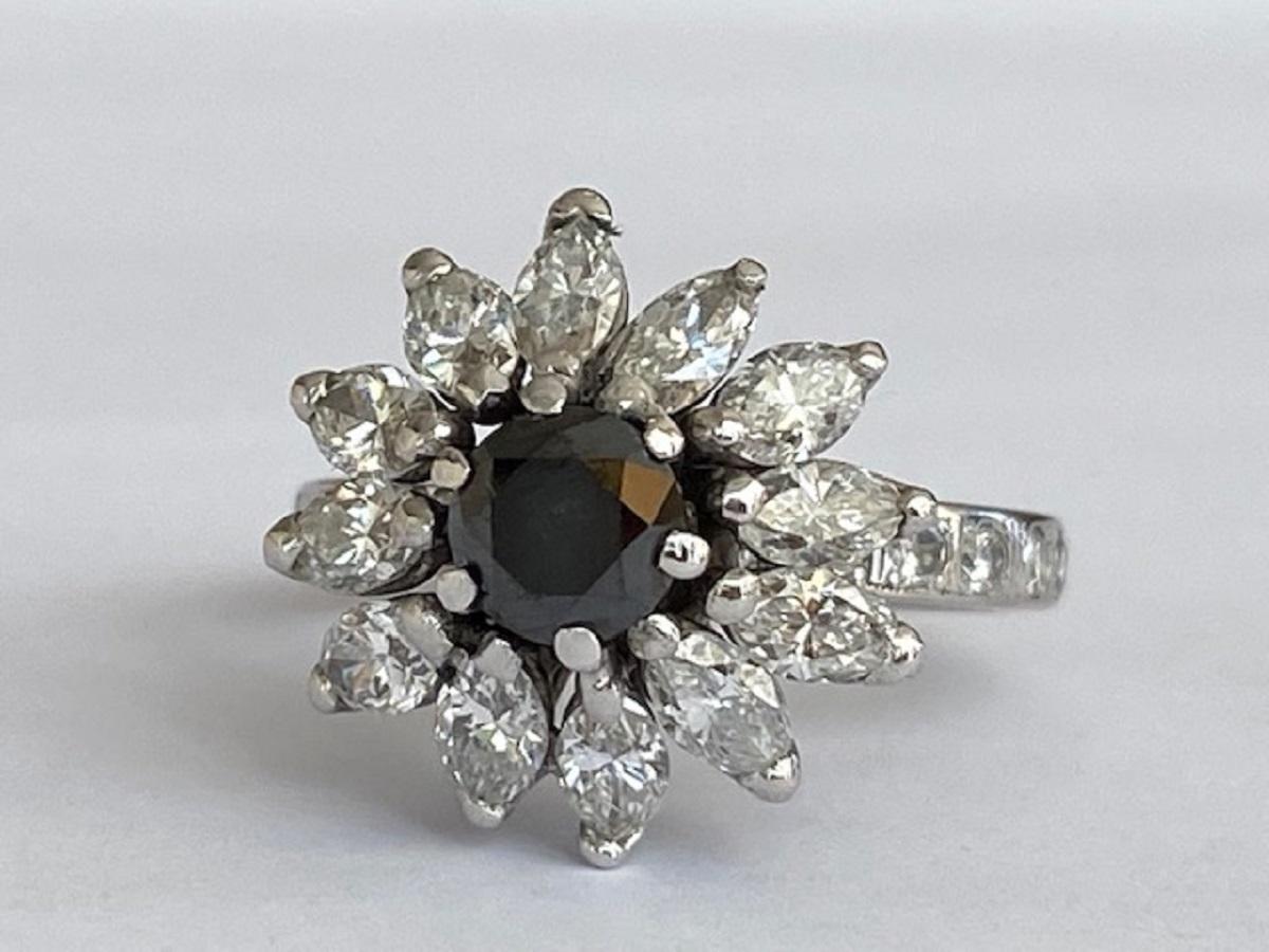 Brilliant Cut 14 KT White gold  Vintage cocktail  Diamond Ring with white and black stones For Sale