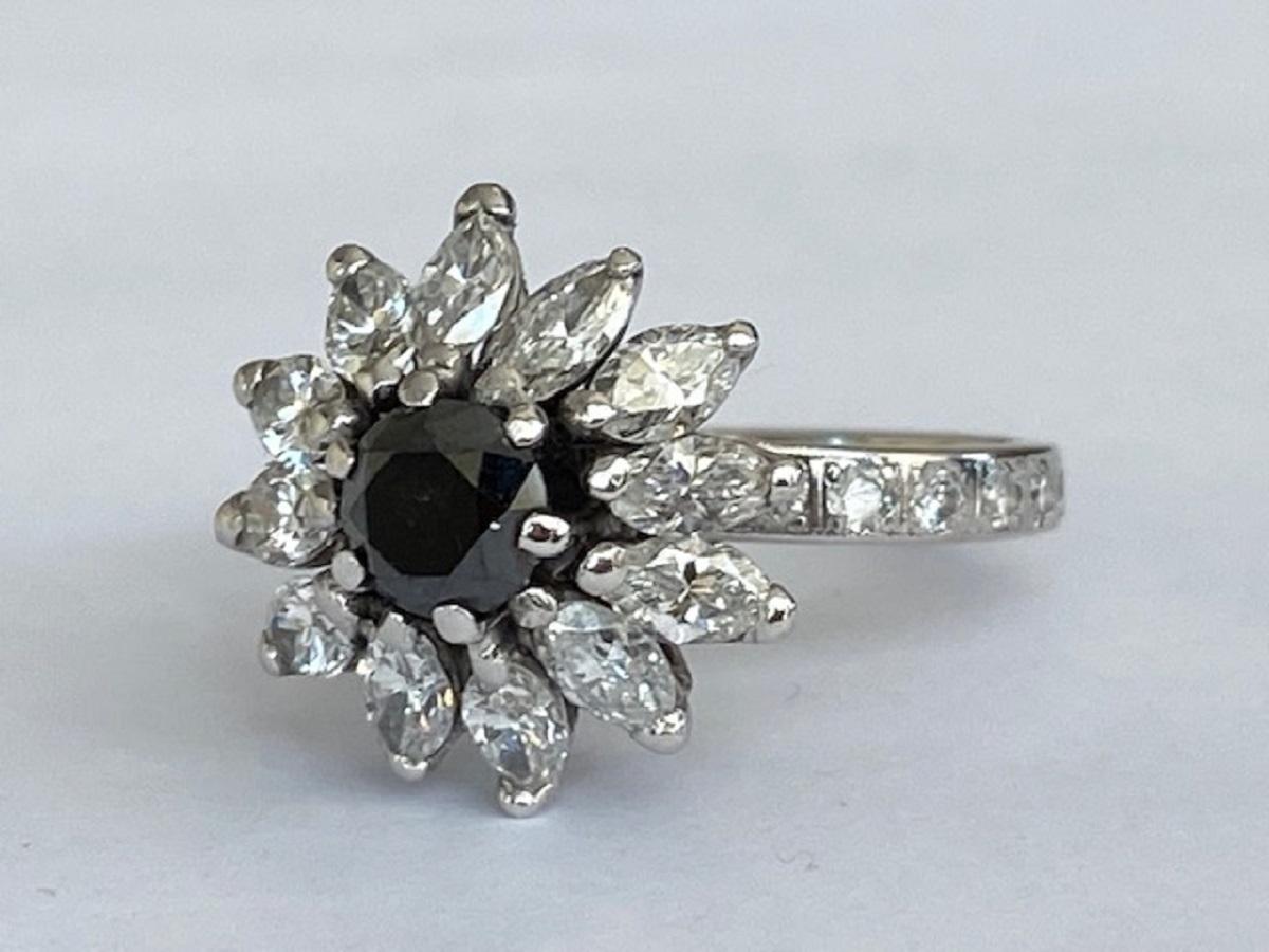 Women's 14 KT White gold  Vintage cocktail  Diamond Ring with white and black stones For Sale
