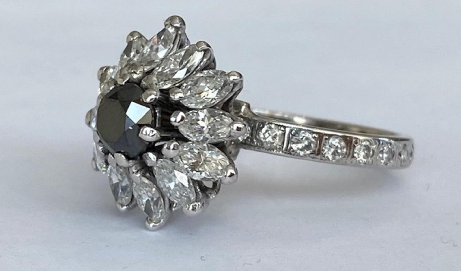 14 KT White gold  Vintage cocktail  Diamond Ring with white and black stones For Sale 1