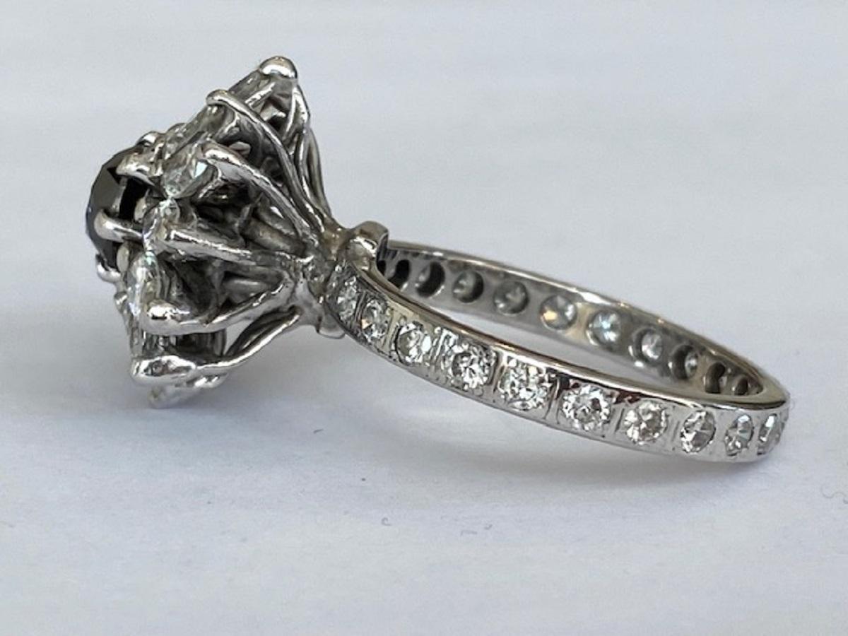 14 KT White gold  Vintage cocktail  Diamond Ring with white and black stones For Sale 2