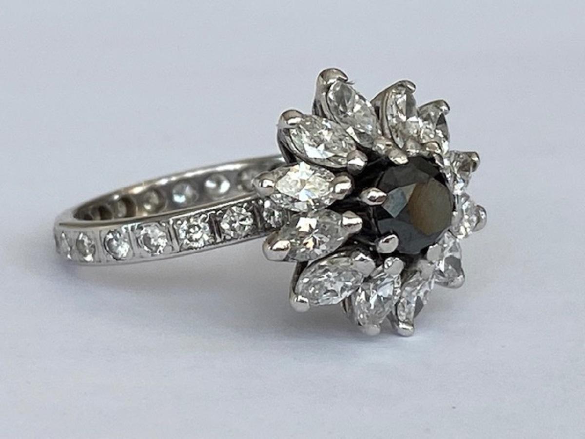 14 KT White gold  Vintage cocktail  Diamond Ring with white and black stones For Sale 3