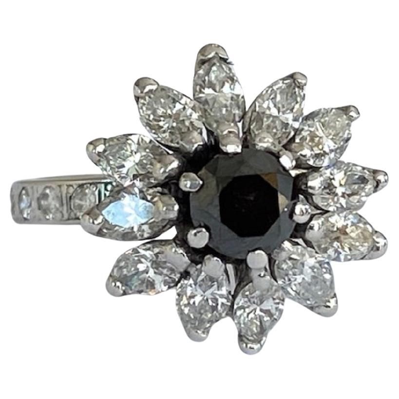 14 KT White gold  Vintage cocktail  Diamond Ring with white and black stones For Sale