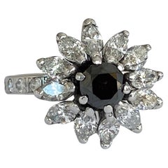 14 KT White gold  Vintage cocktail  Diamond Ring with white and black stones