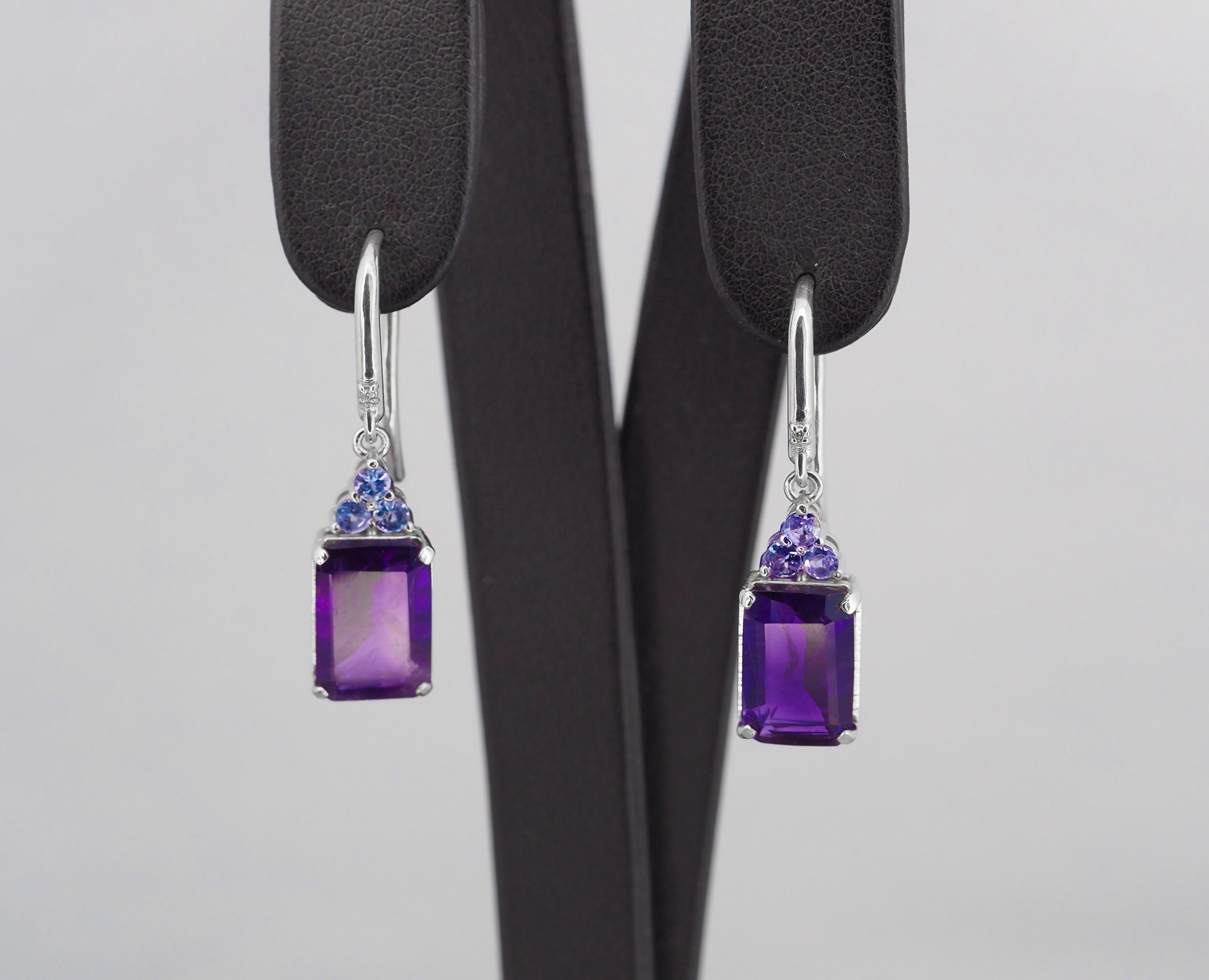 14 Kt White Gold Earrings with Amethysts, Tanzanites and Diamonds! For Sale 4
