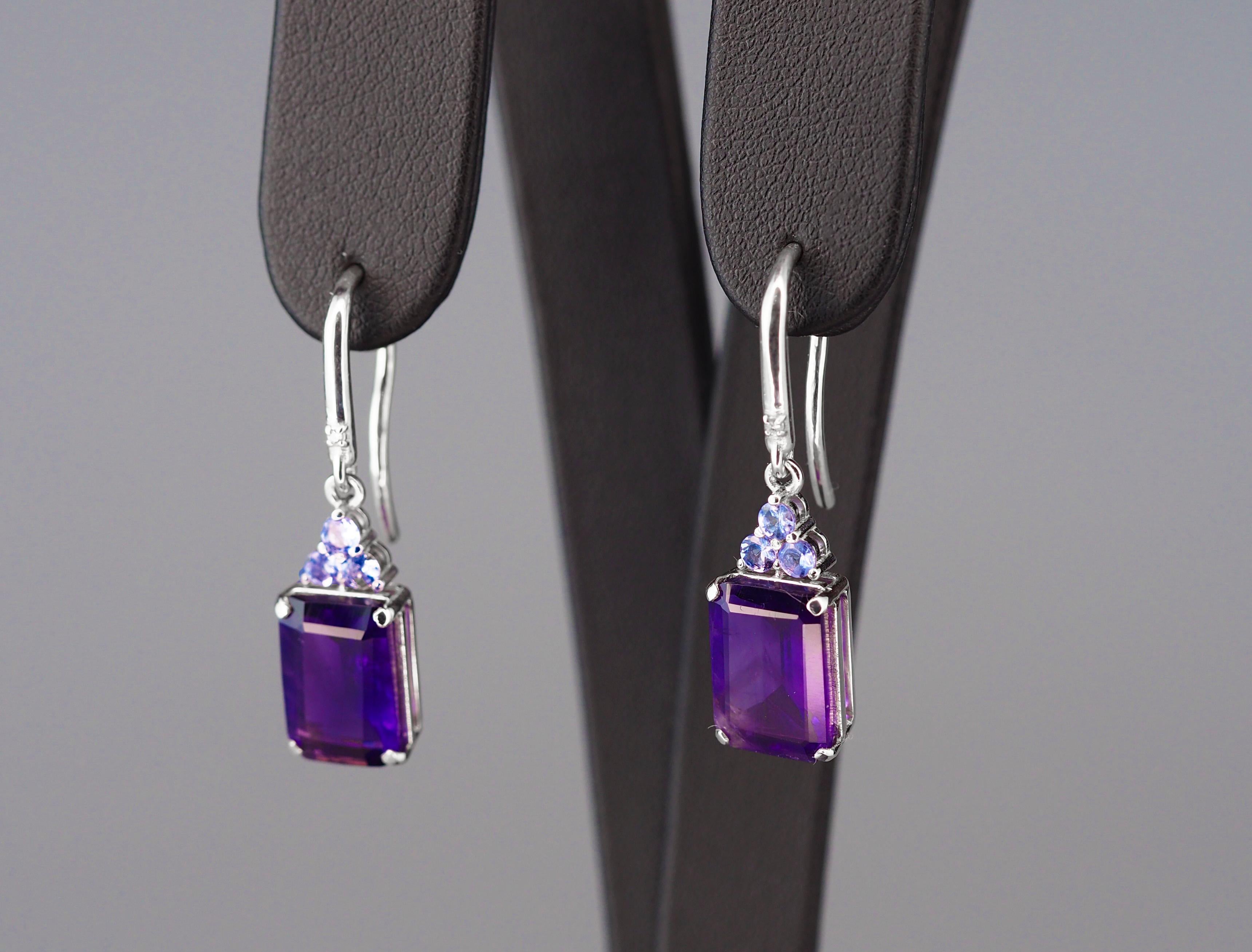 Emerald Cut 14 Kt White Gold Earrings with Amethysts, Tanzanites and Diamonds For Sale