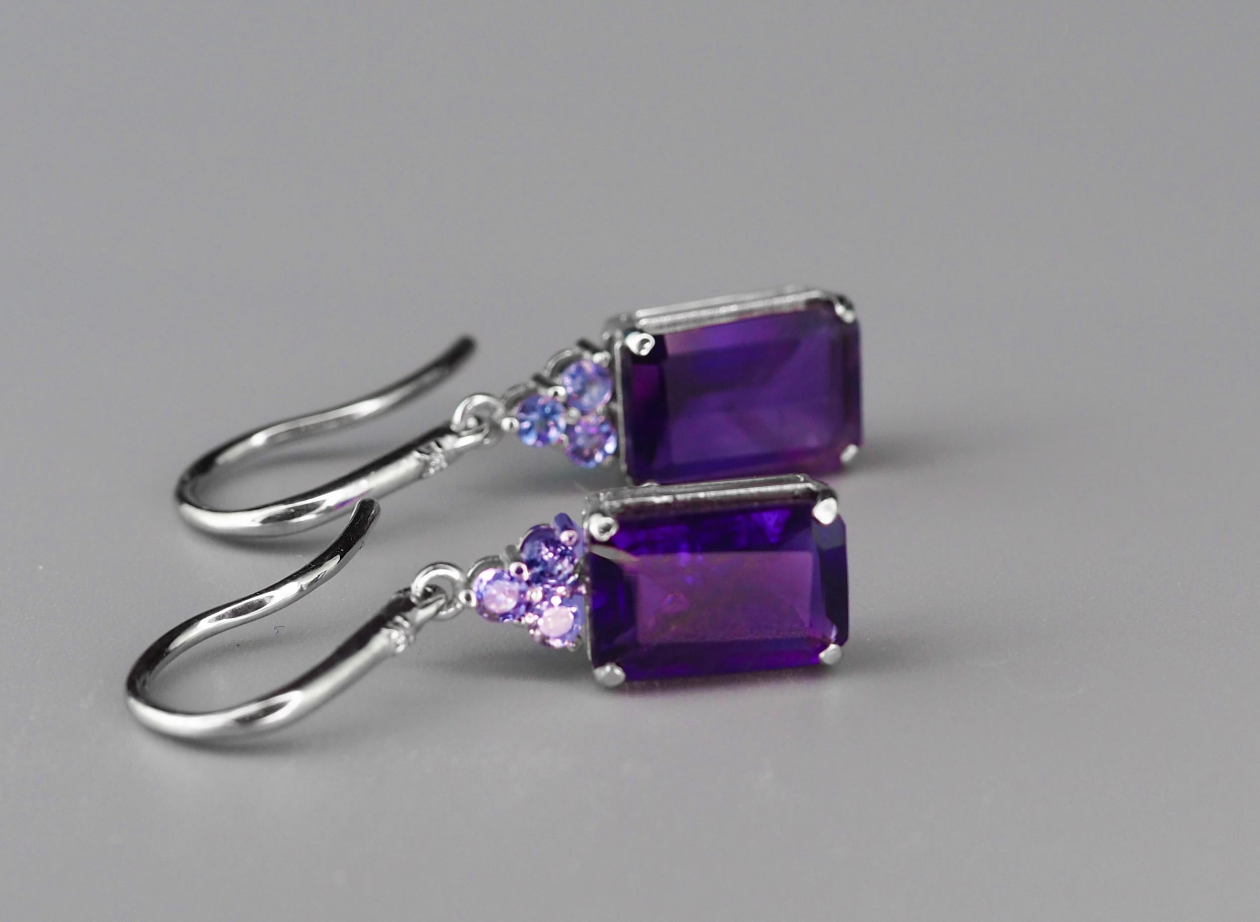 Women's 14 Kt White Gold Earrings with Amethysts, Tanzanites and Diamonds! For Sale