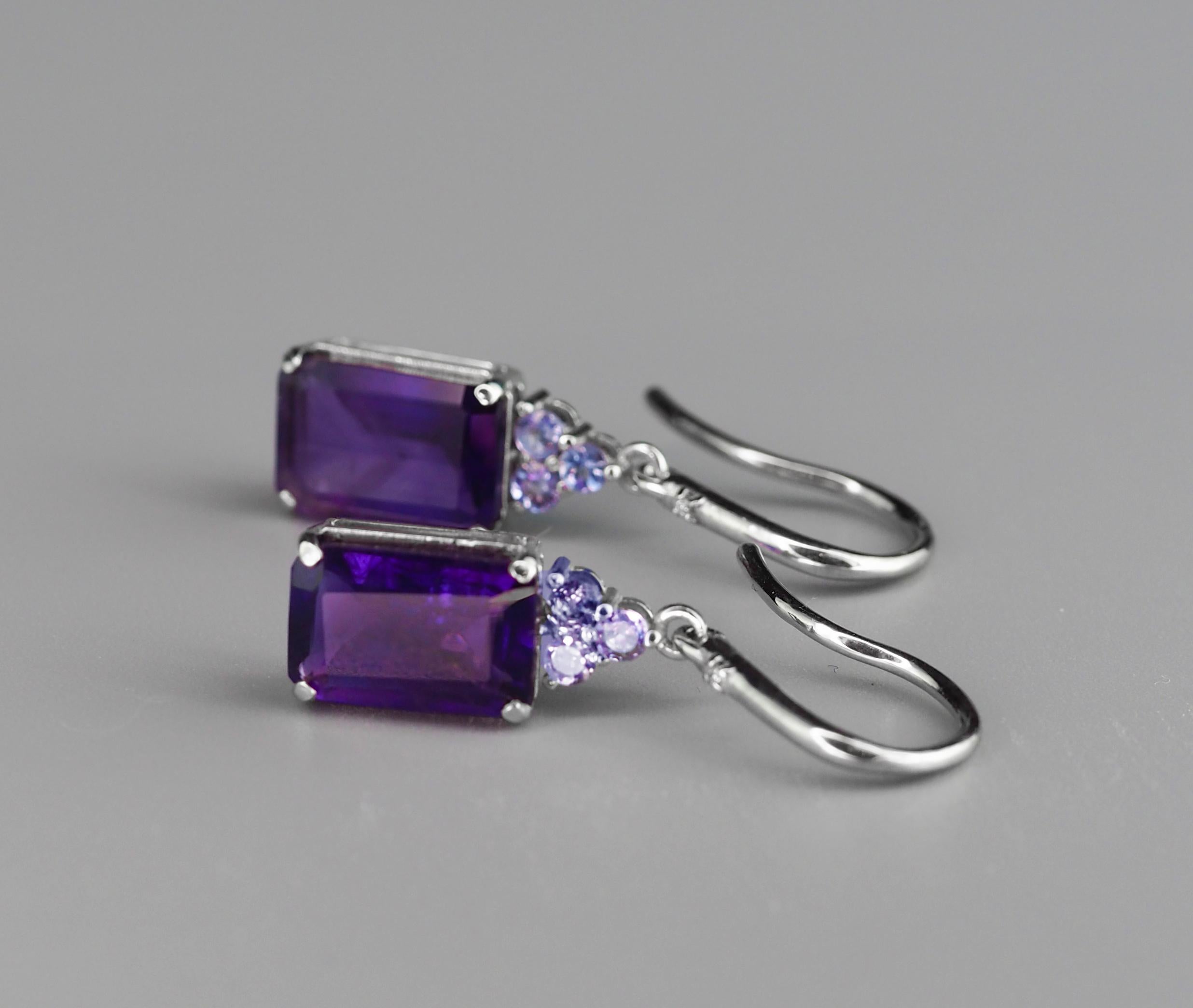 14 Kt White Gold Earrings with Amethysts, Tanzanites and Diamonds! For Sale 1