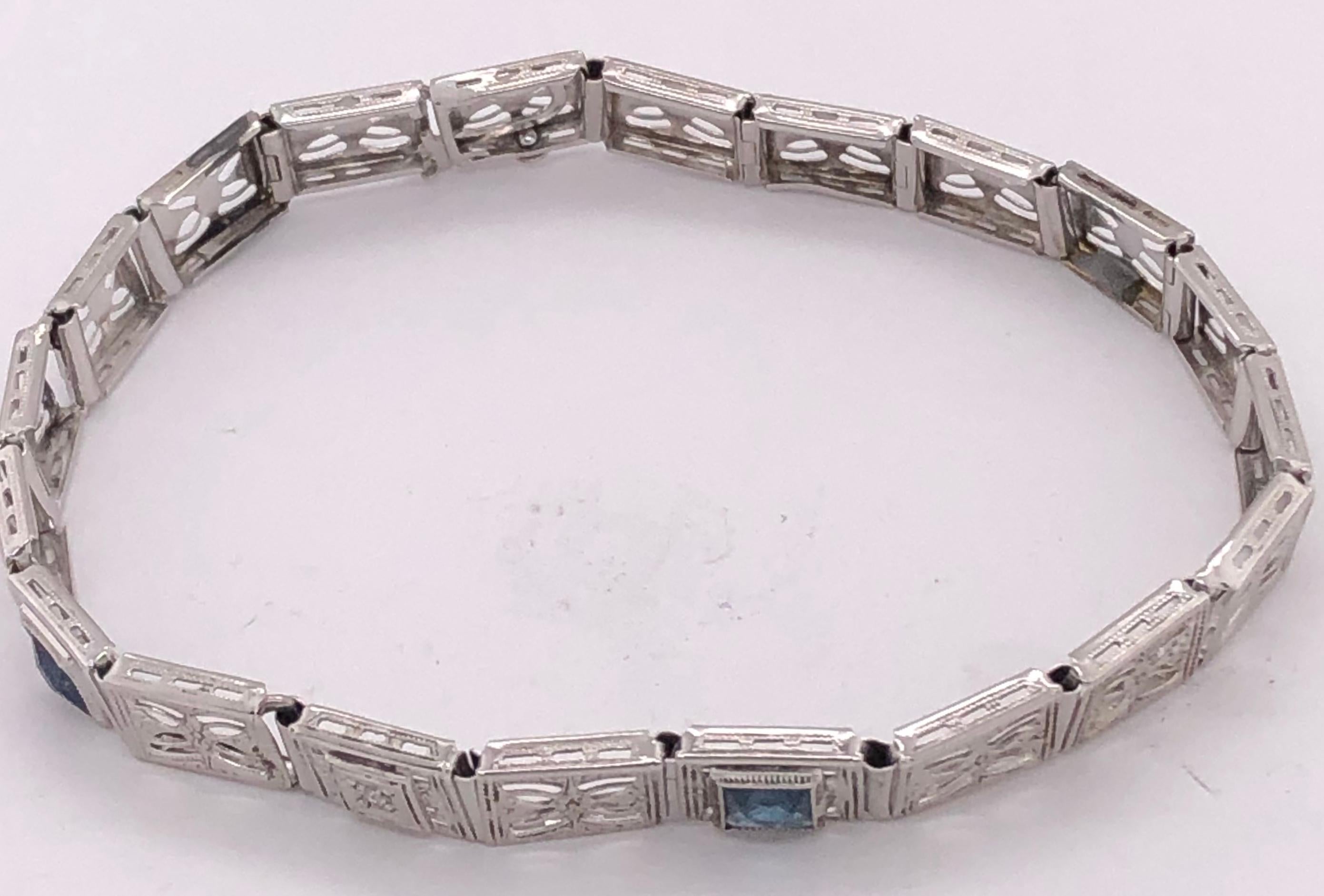 14 Karat White Gold Filigree Link Bracelet with Two Blue Sapphire Accents In Good Condition For Sale In Stamford, CT