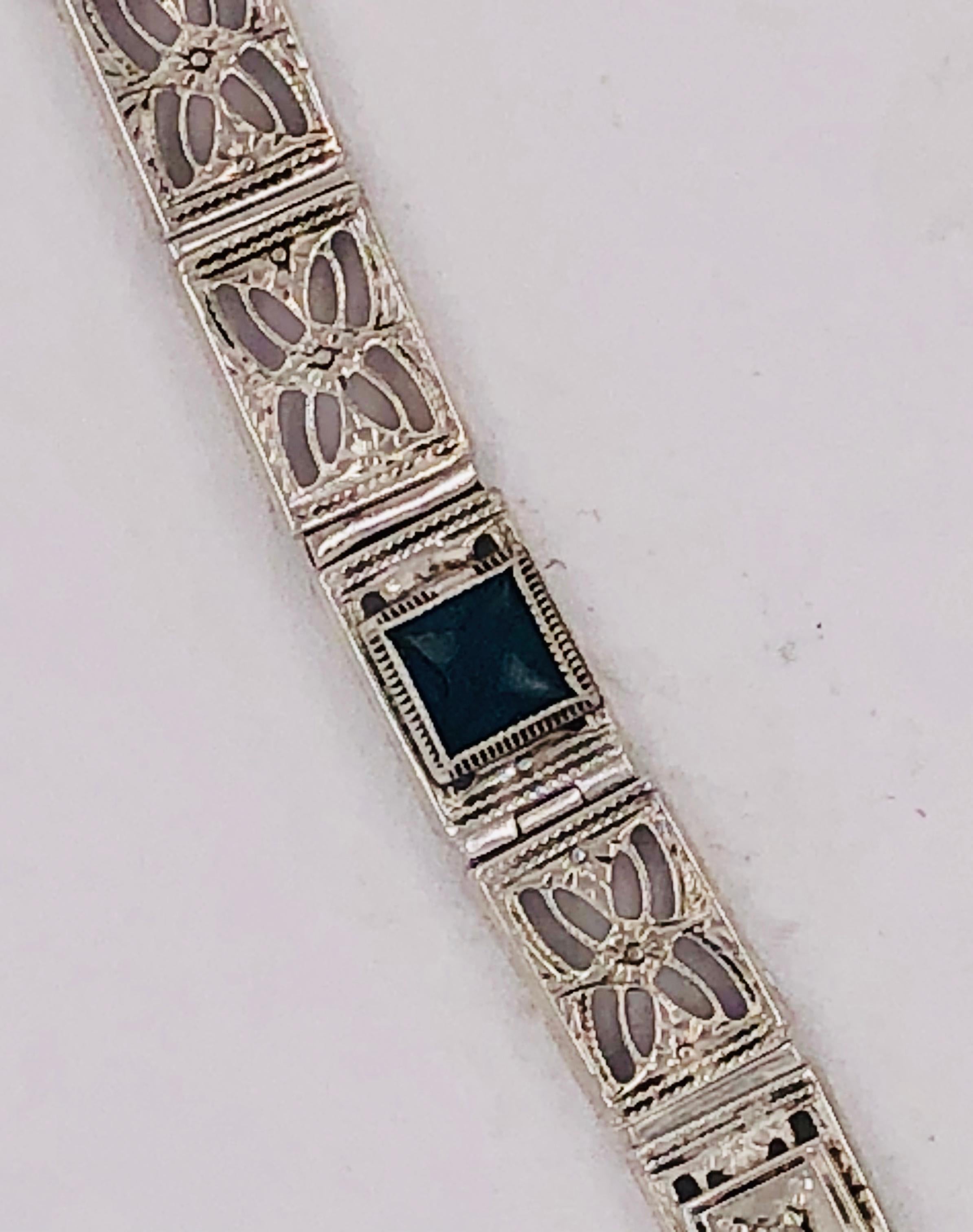 14 Karat White Gold Filigree Link Bracelet with Two Blue Sapphire Accents For Sale 1