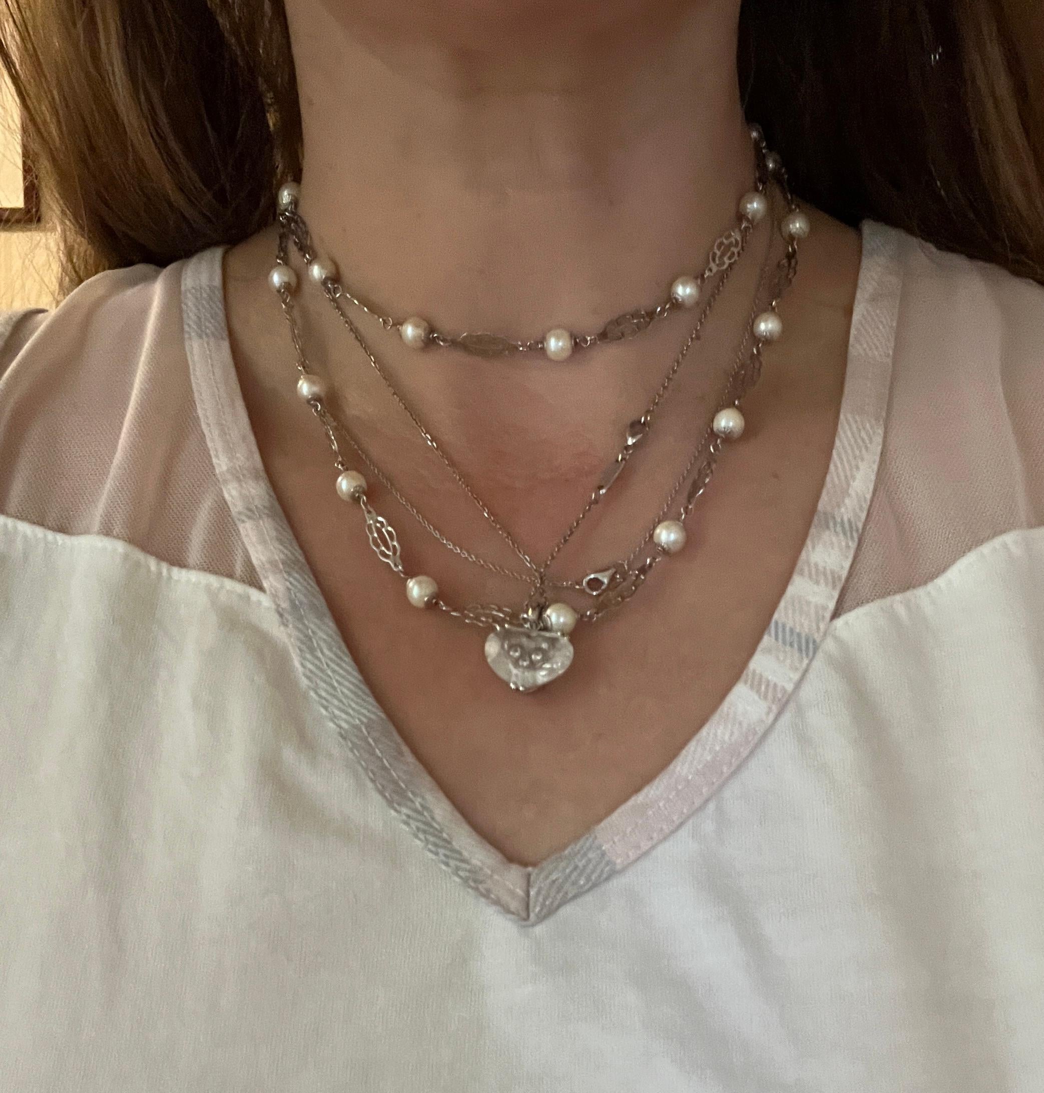 Uncut 14 KT White gold necklace Sautoir with pearls For Sale