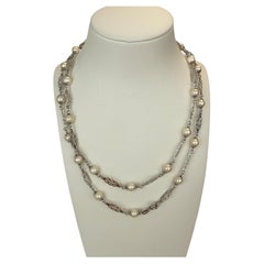 14 KT Weißgold-Halskette Sautoir mit Perlen