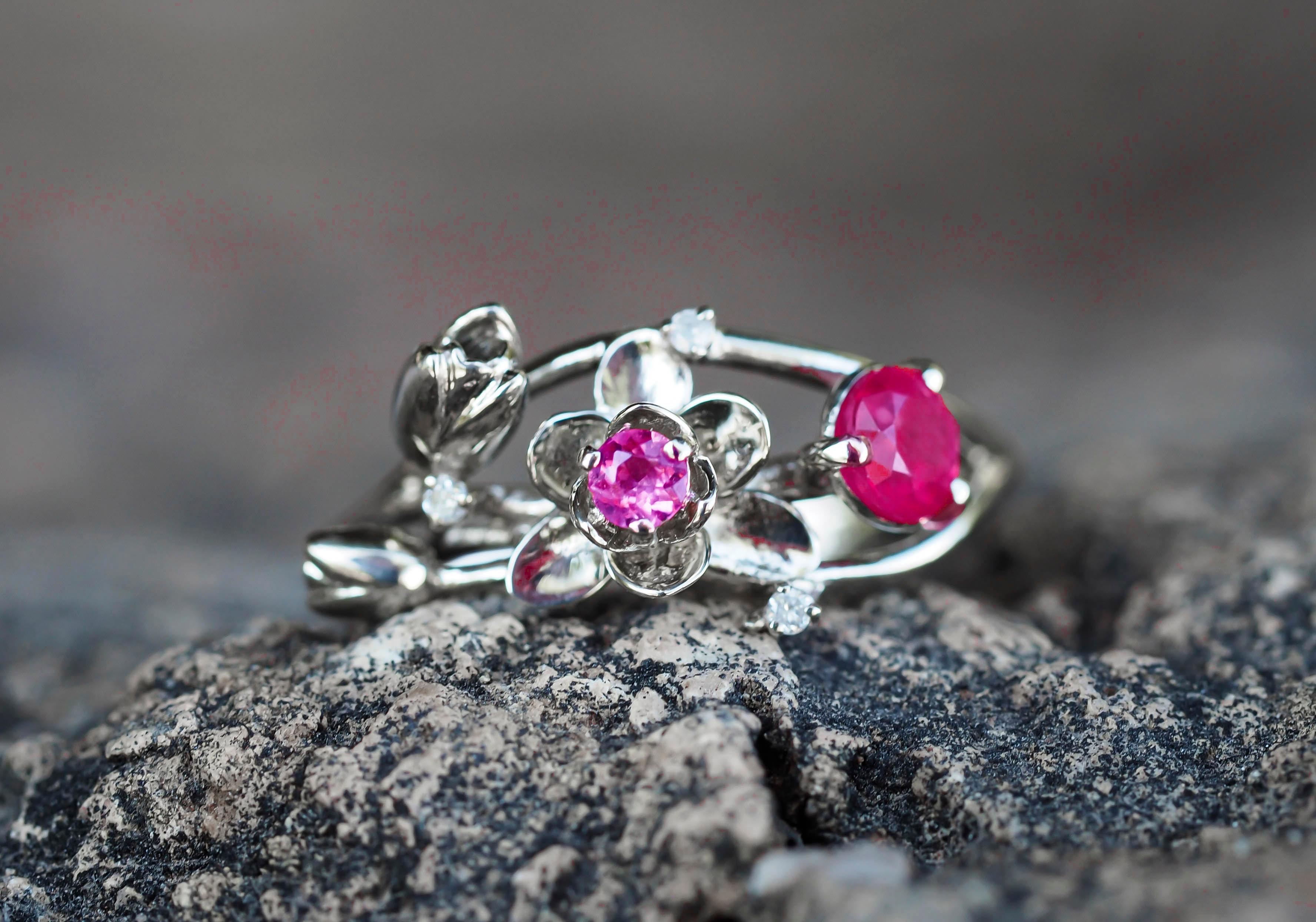 Modern 14 Karat White Gold Ring with Ruby, Sapphire and Diamonds. Orchid Gold Ring. 