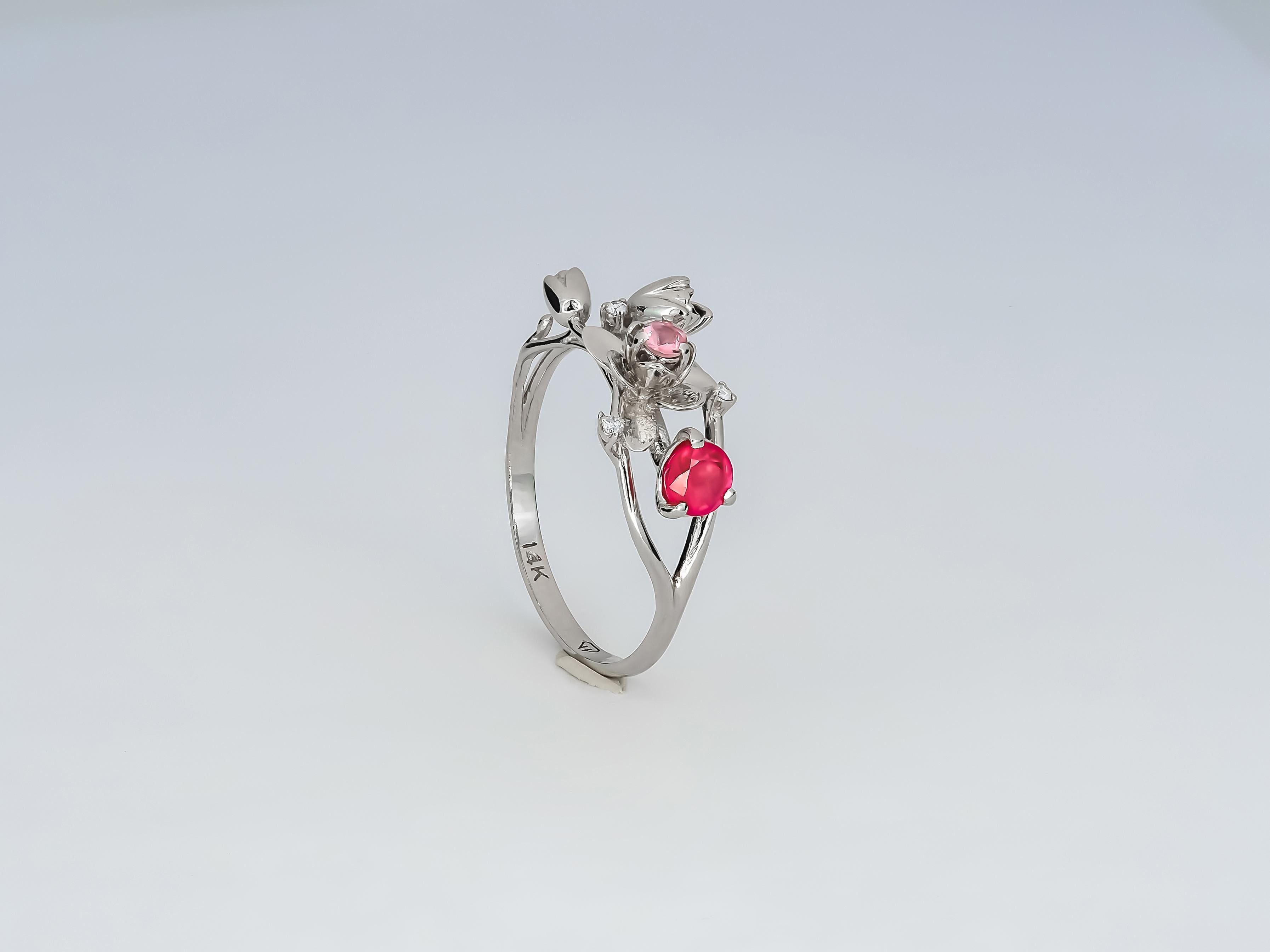 Round Cut 14 Karat White Gold Ring with Ruby, Sapphire and Diamonds. Orchid Gold Ring. 