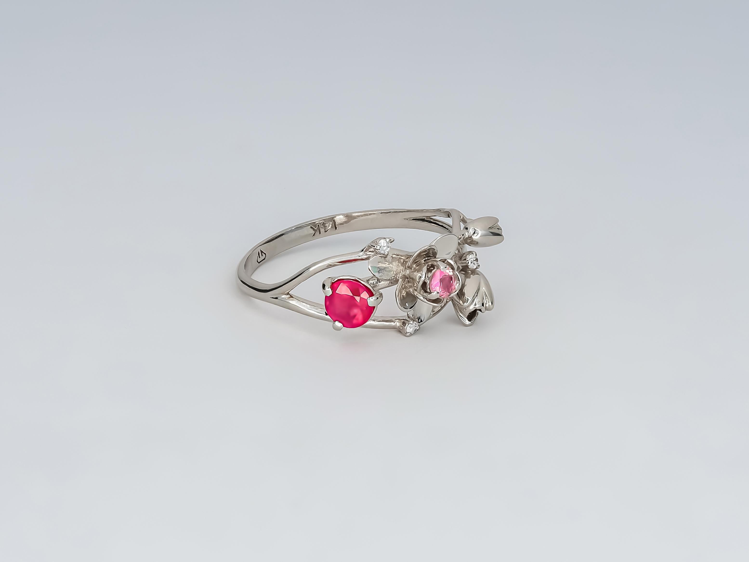 14 Karat White Gold Ring with Ruby, Sapphire and Diamonds. Orchid Gold Ring.  In New Condition In Istanbul, TR