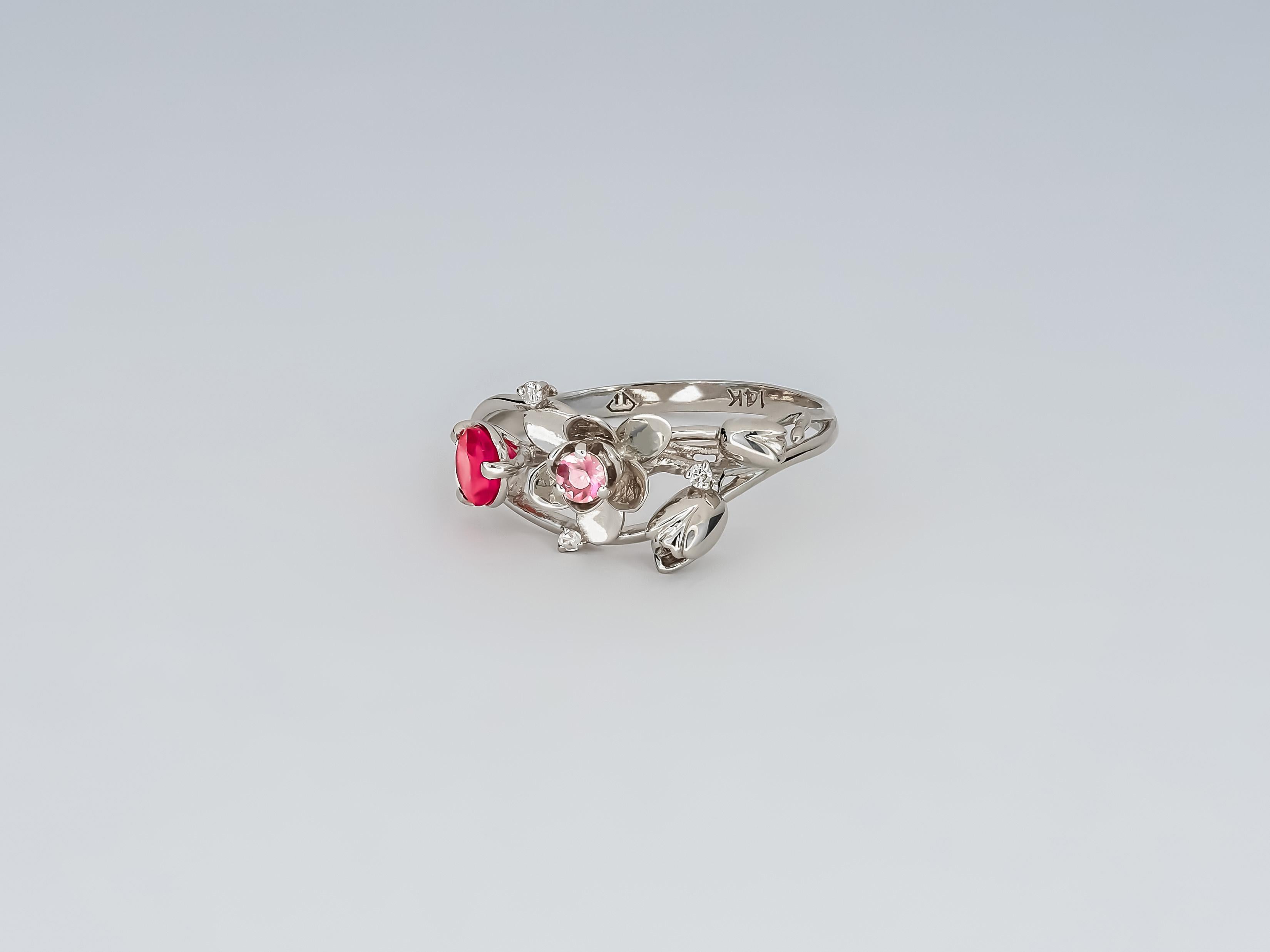 Women's 14 Karat White Gold Ring with Ruby, Sapphire and Diamonds. Orchid Gold Ring. 
