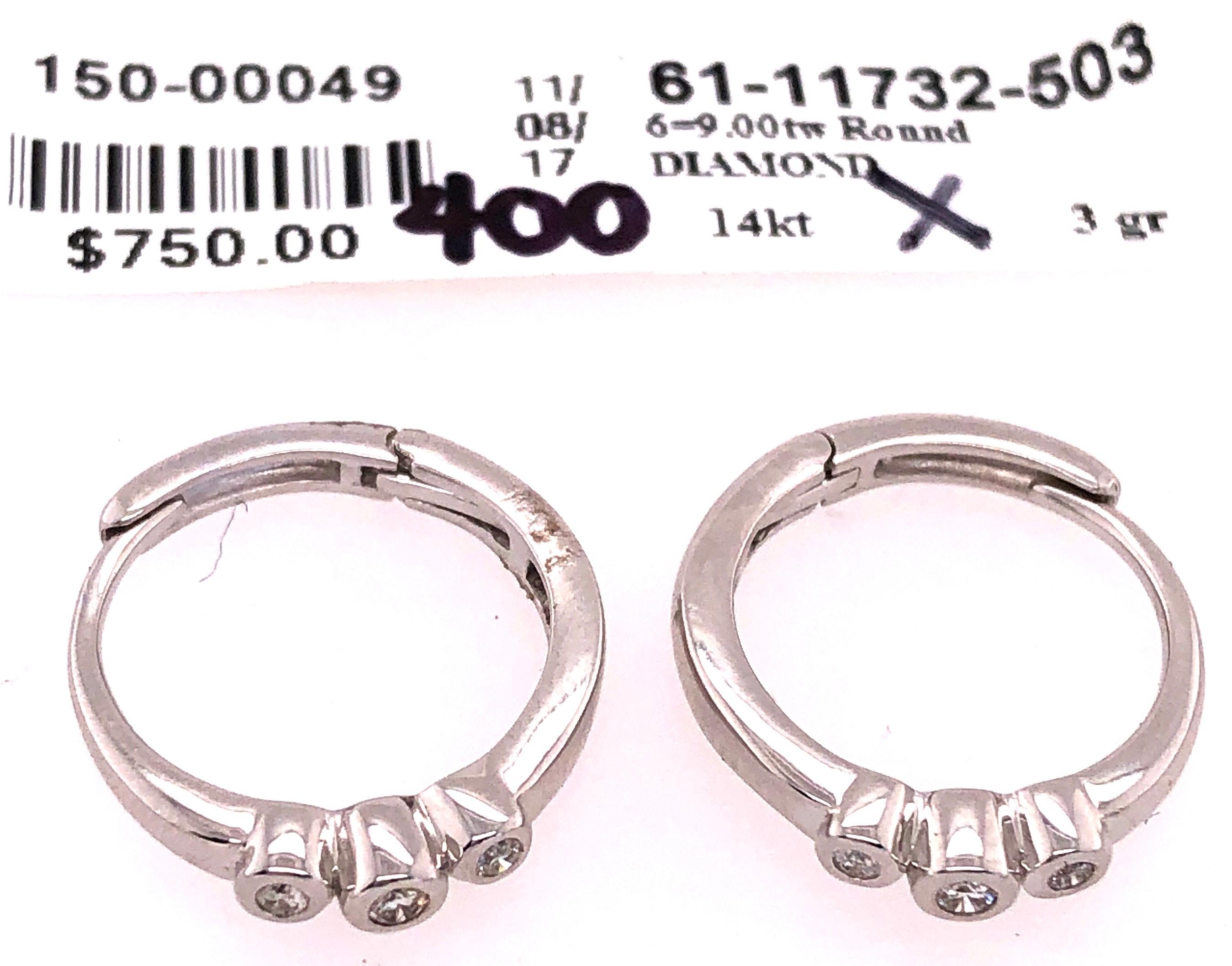 Women's or Men's 14 Karat White Gold Three Diamond Hoop Earrings For Sale