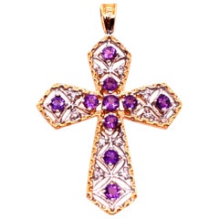 14 Kt Yellow and White Gold Religious Pendant with Amethyst and Diamond Accents