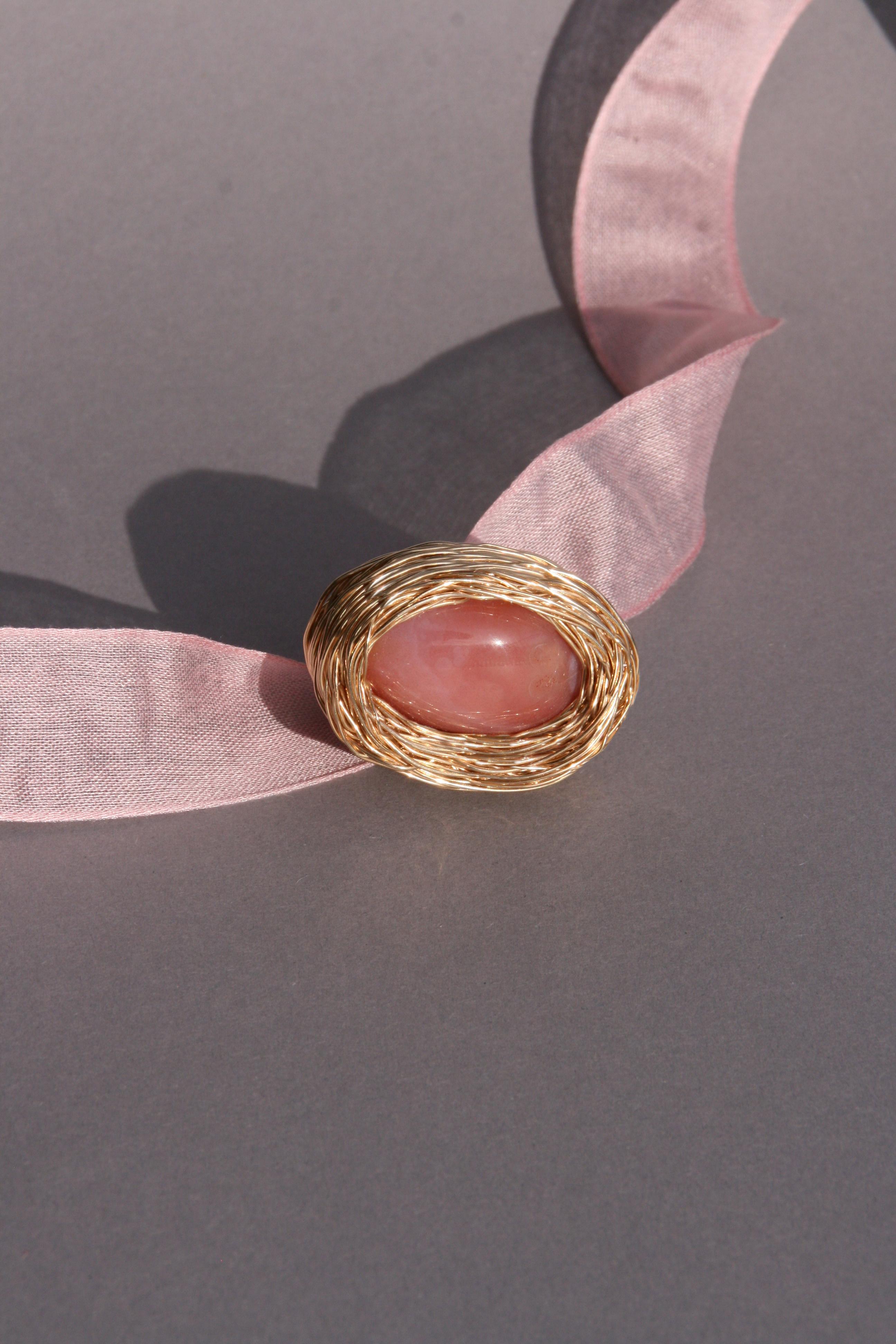 Contemporary 14 Karat Yellow Gf Pink Cabochon Agate Statement Ring One-Off by the Artist