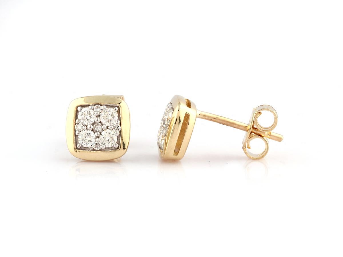 14KT Yellow Gold Cushion-Shaped Diamond Cluster Stud Earrings in vendita 1