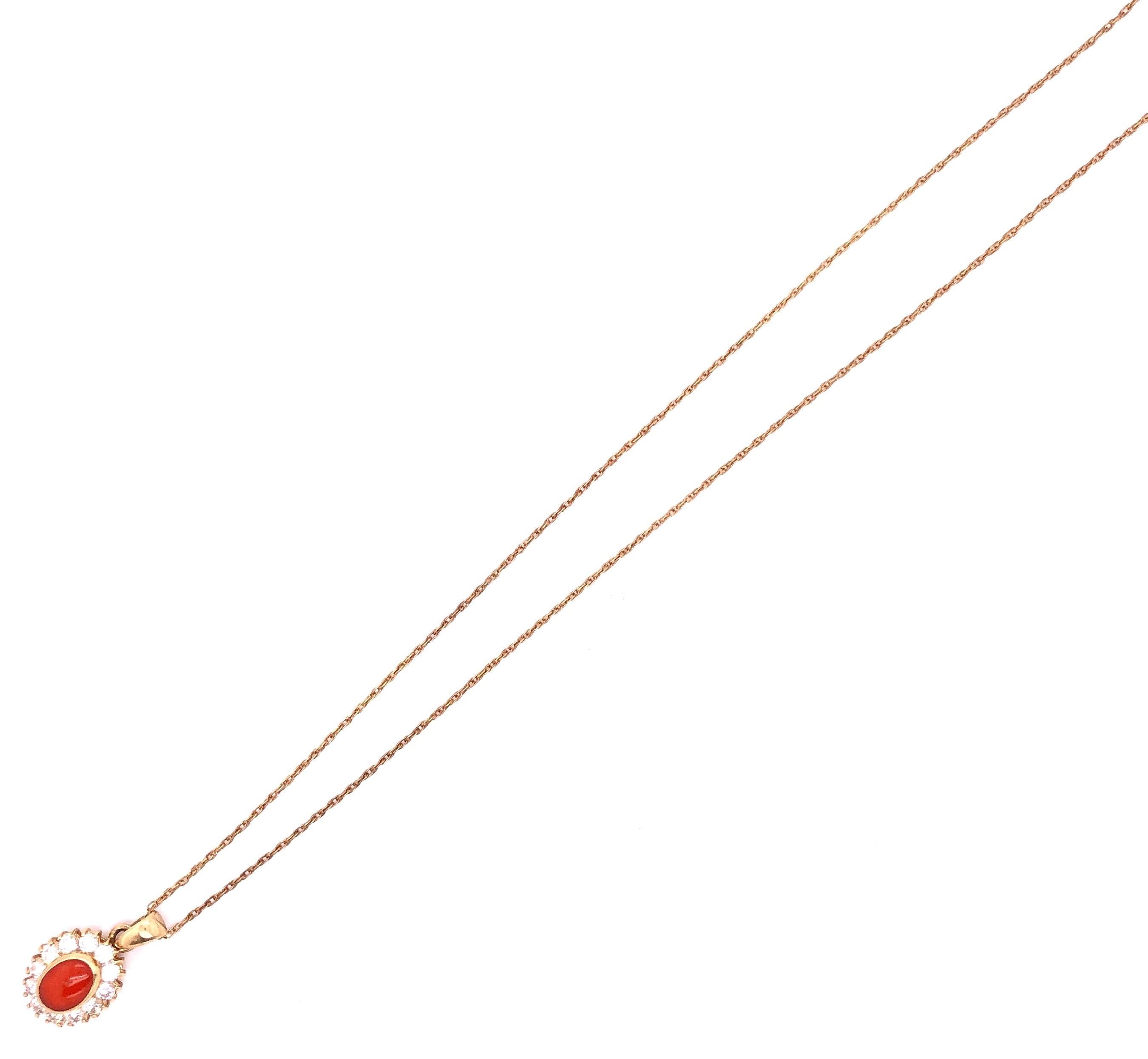 14 Karat Yellow Gold Necklace with Oval Coral and Round Zirconium Pendant For Sale 2