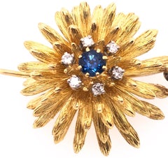14 Karat Yellow Gold Brooch Pin Center Sapphire and Surrounding Diamonds