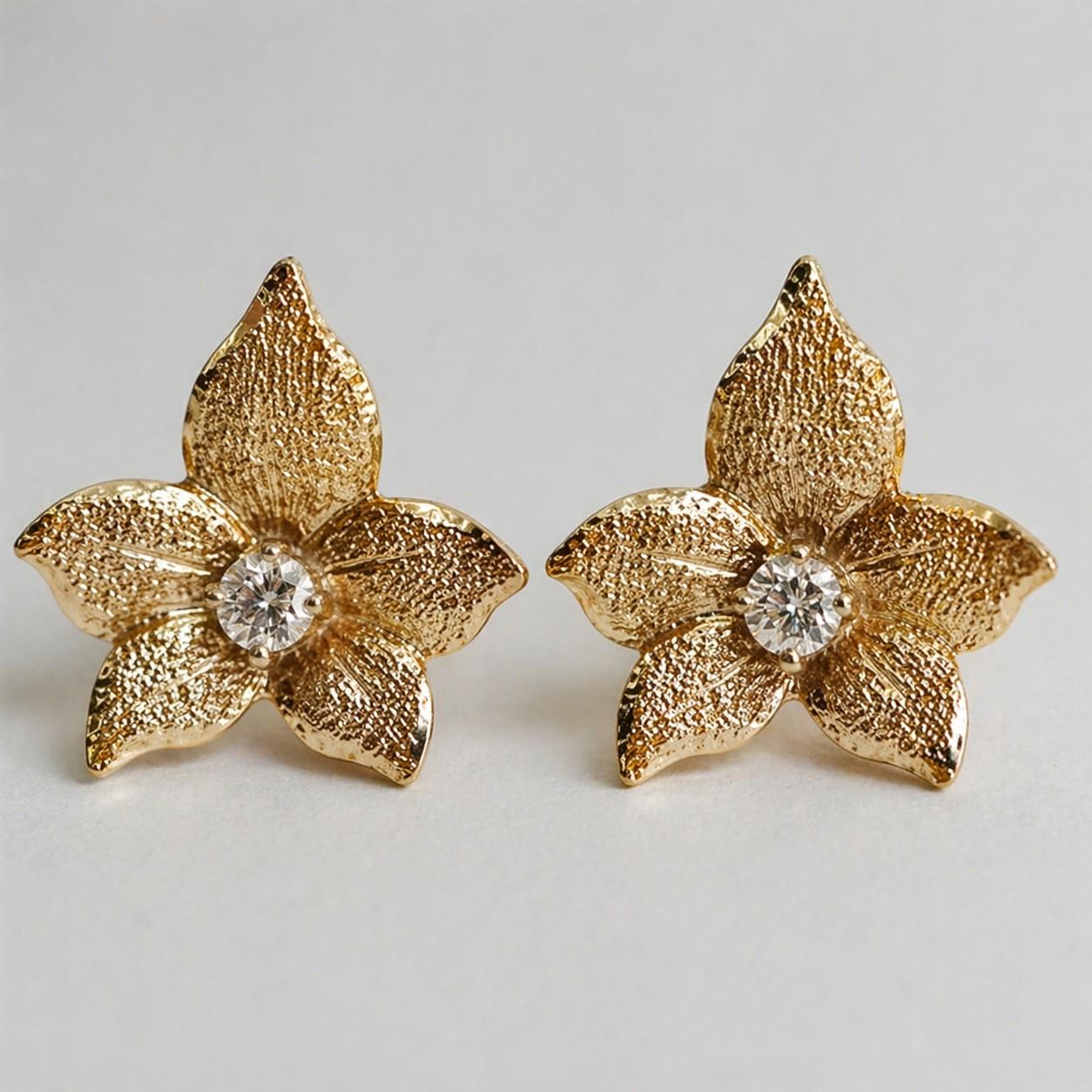 14 Kt Yellow Gold Diamond Earrings, Floral Leaf Design, Friction Post .04cttw
