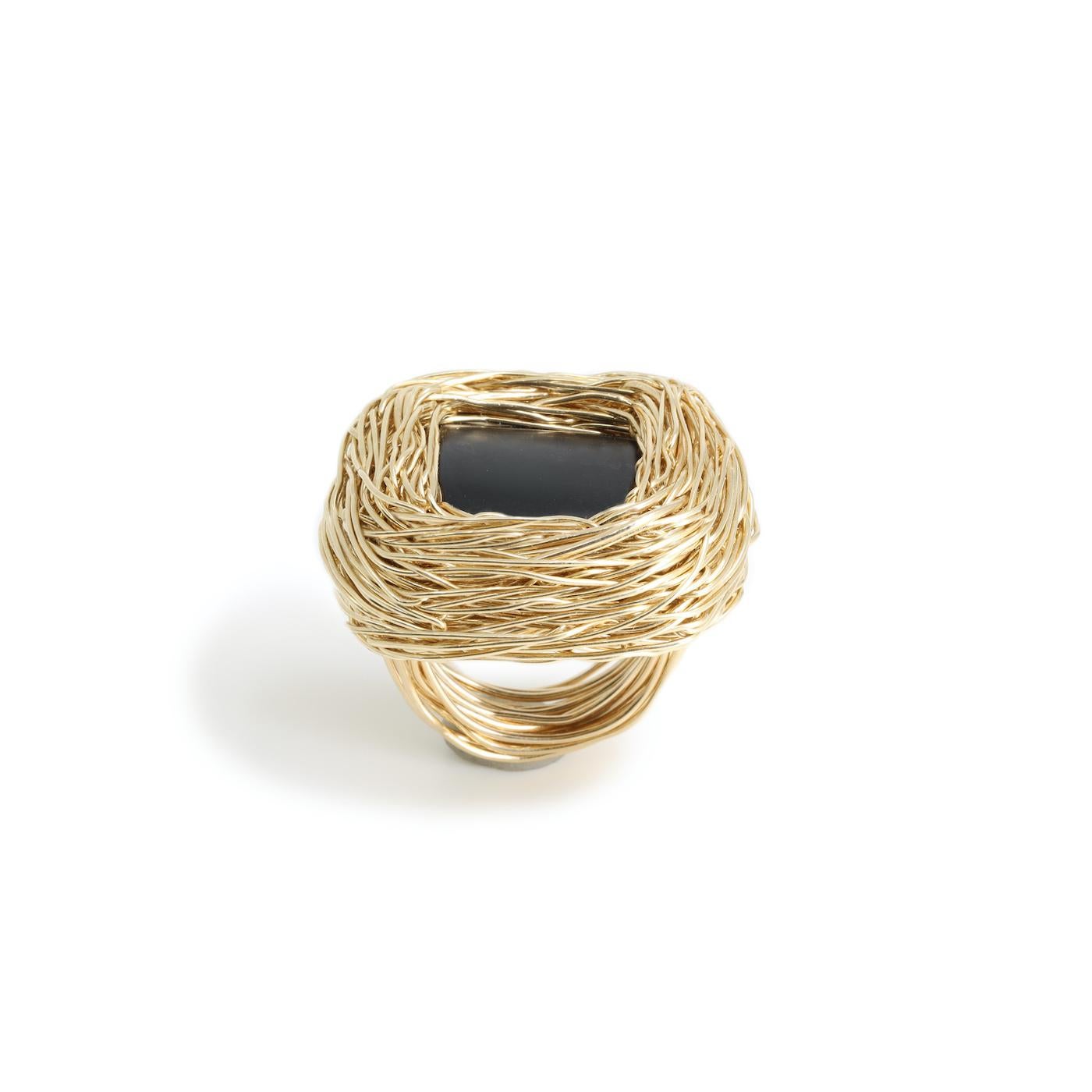 Contemporary 14 Karat Yellow Gold F Mat Black Agate Statement Ring One-Off by the Artist For Sale