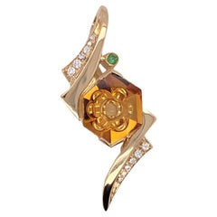 14 Kt Yellow Gold Fantasy Cut Citrine Pendant with Diamonds and Tsavorite Garnet