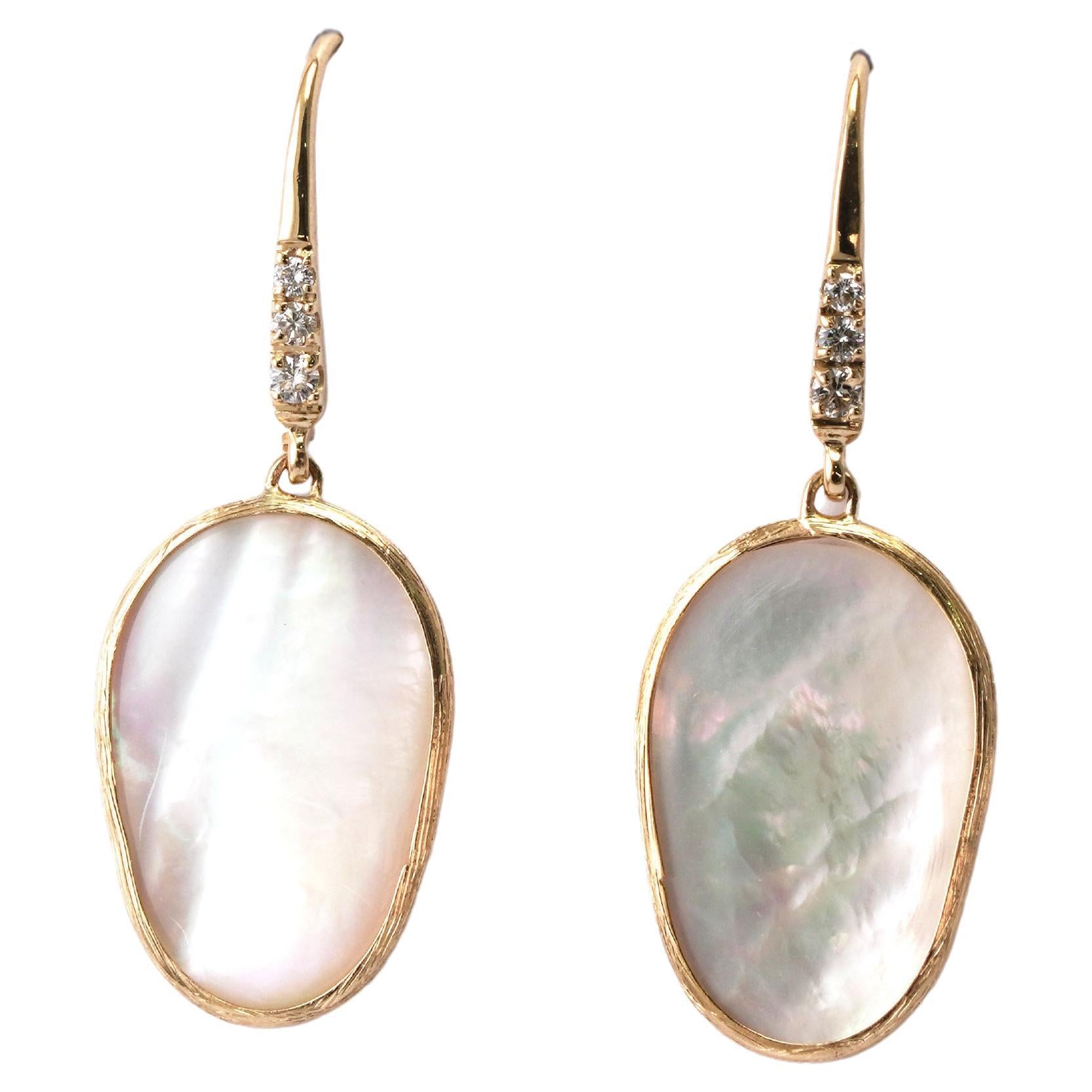 14 Karat Yellow Gold Mother of Pearl Diamond Earrings For Sale